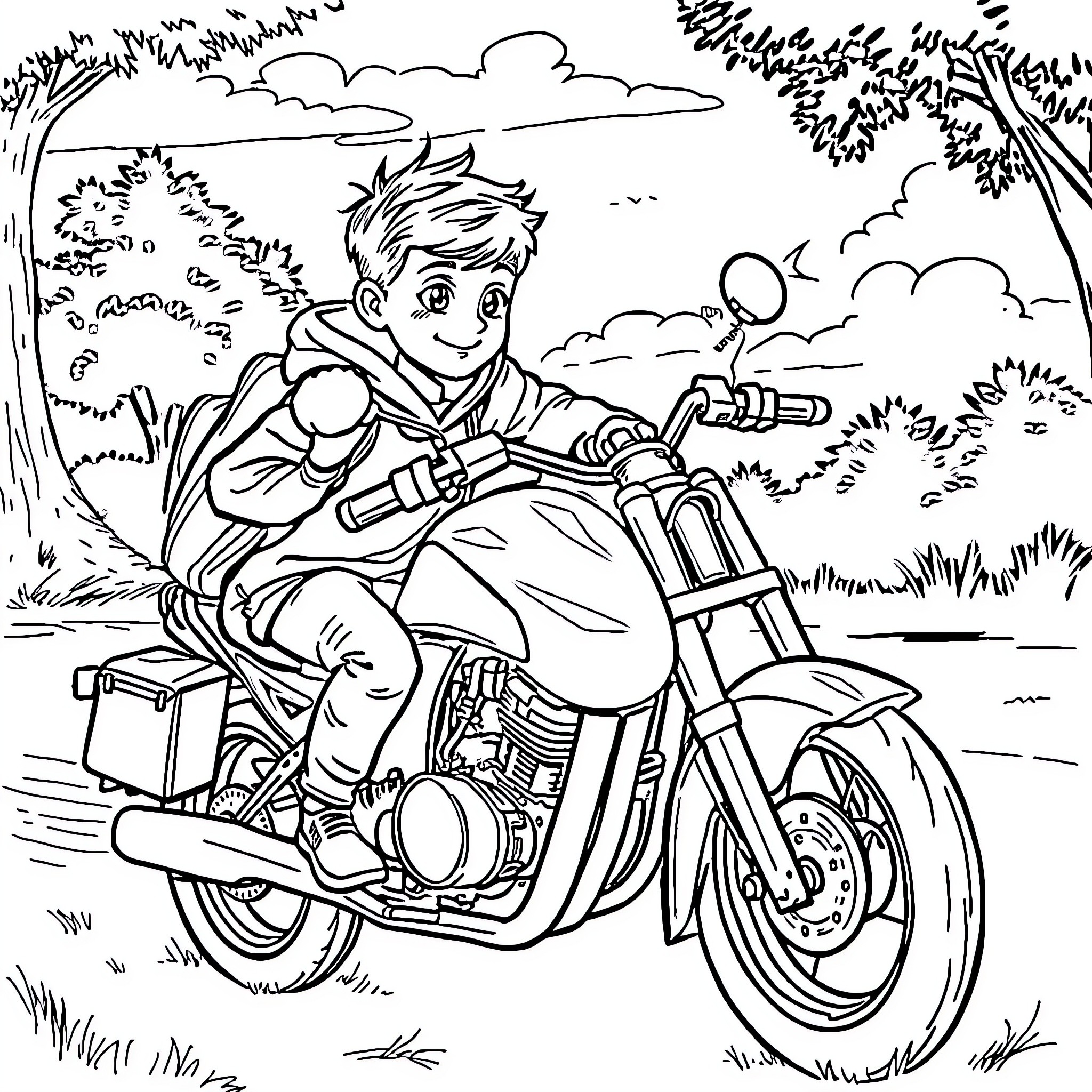 Boy riding motorcycle through scenic countryside Coloring Page (free black-and-white line drawing printable PDF for all, from beginners to advanced learners, including children, teens, adults, and seniors)