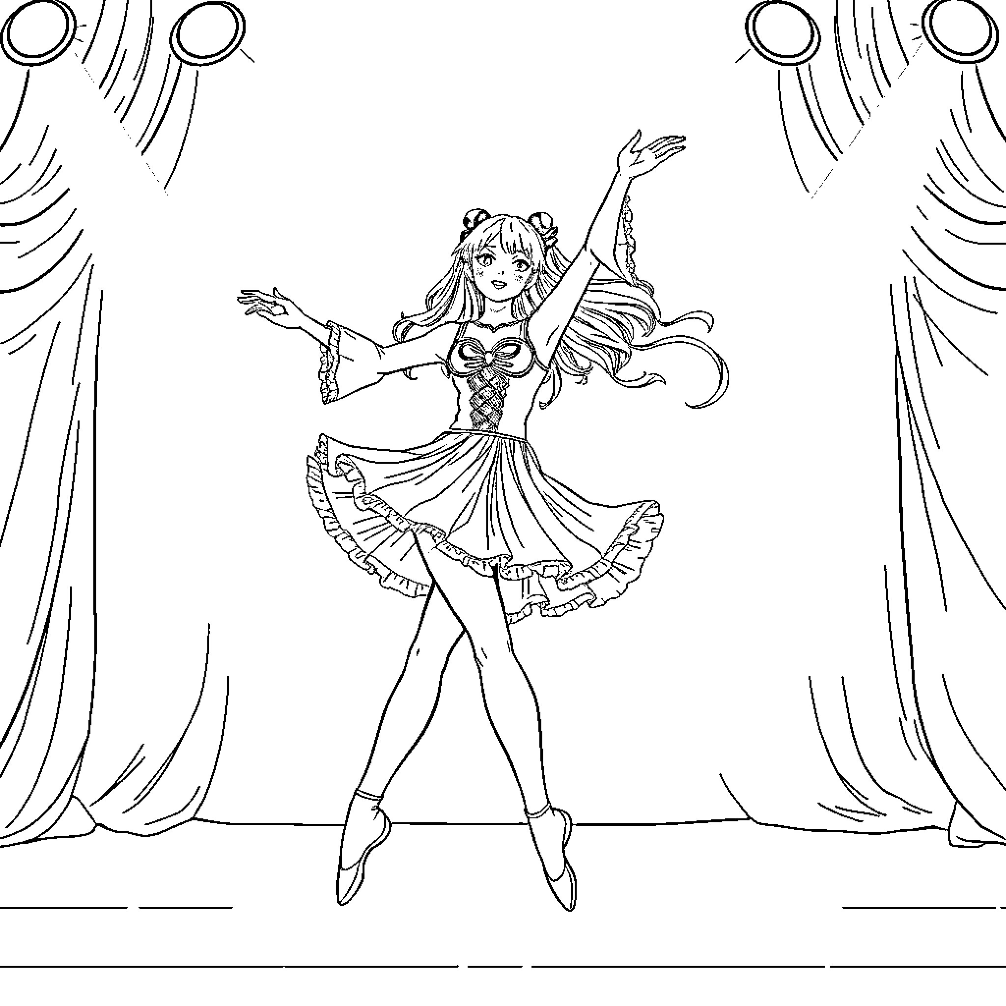 Rumi performing on stage in colorful costume Coloring Page (free black-and-white line drawing printable PDF for all, from beginners to advanced learners, including children, teens, adults, and seniors)