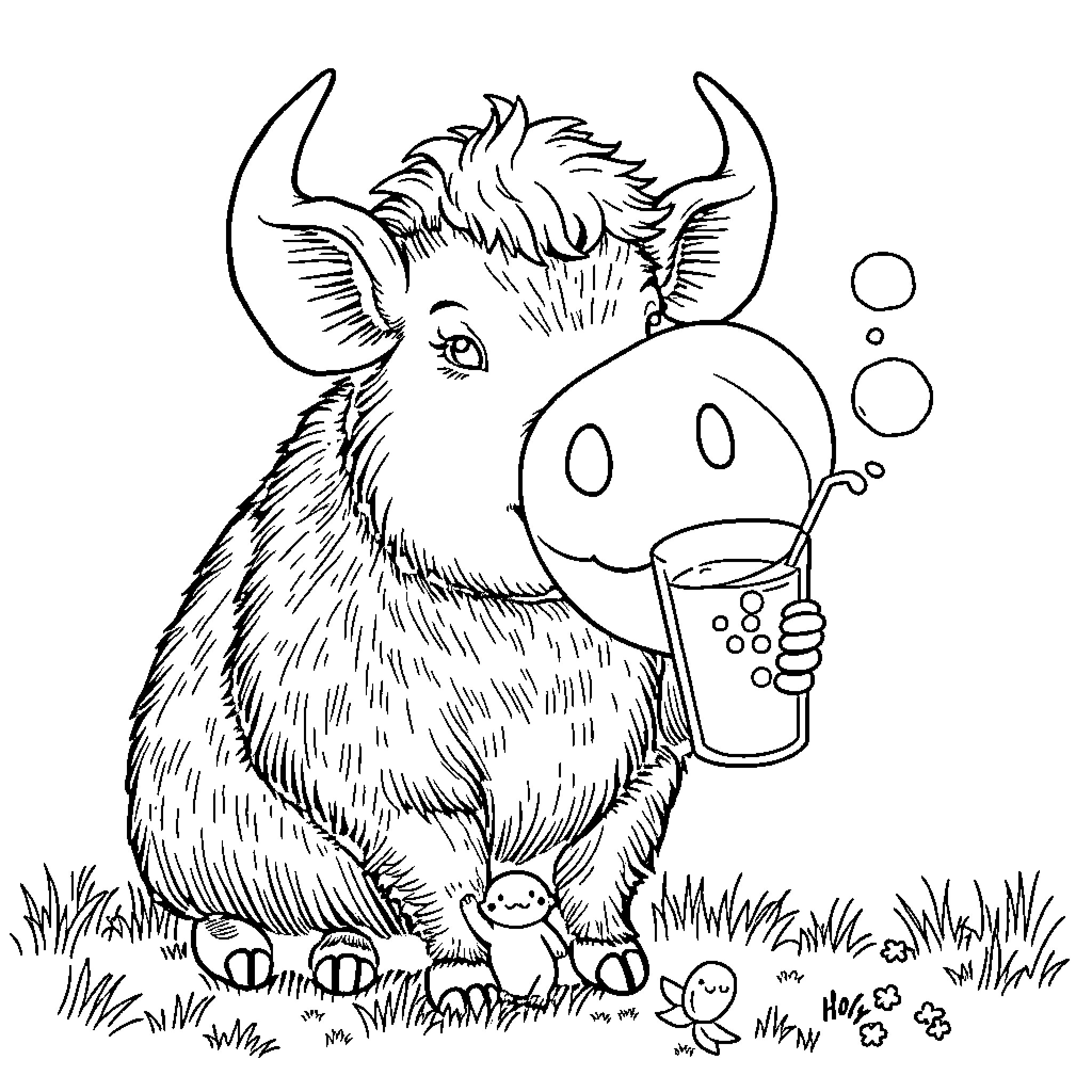 Schwein enjoying a refreshing drink in the meadow Coloring Page (free black-and-white line drawing printable PDF for all, from beginners to advanced learners, including children, teens, adults, and seniors)