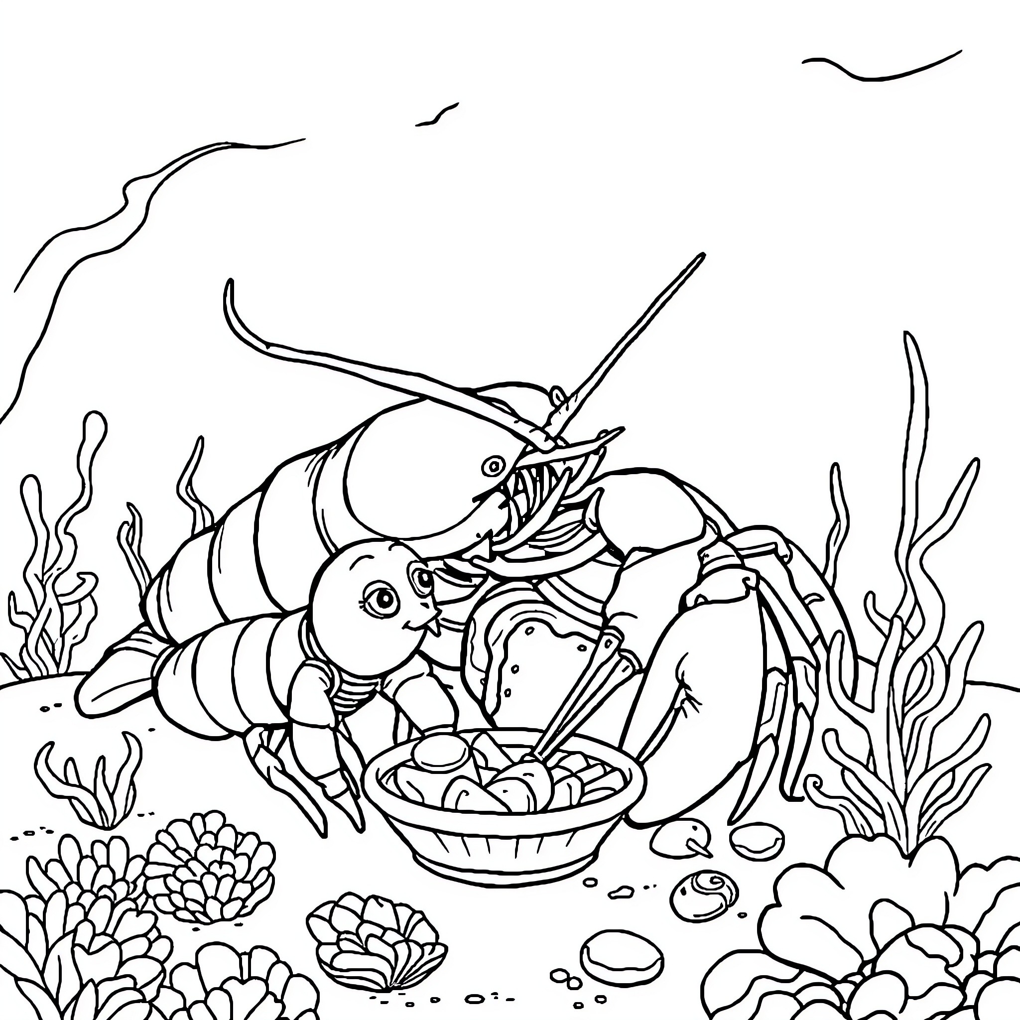 Lobster feast among marine life Coloring Page (free black-and-white line drawing printable PDF for all, from beginners to advanced learners, including children, teens, adults, and seniors)