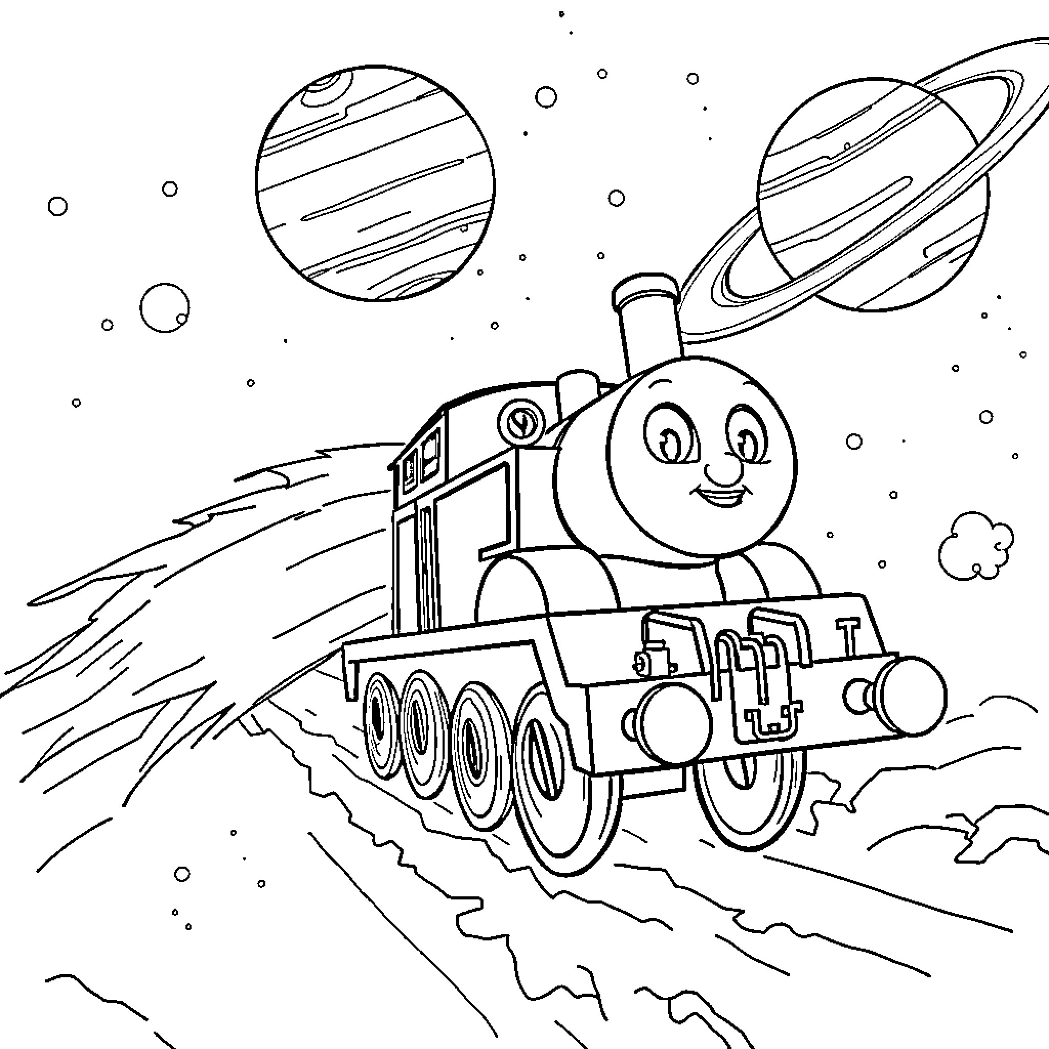 Thomas Train exploring the planets in outer space Coloring Page (free black-and-white line drawing printable PDF for all, from beginners to advanced learners, including children, teens, adults, and seniors)