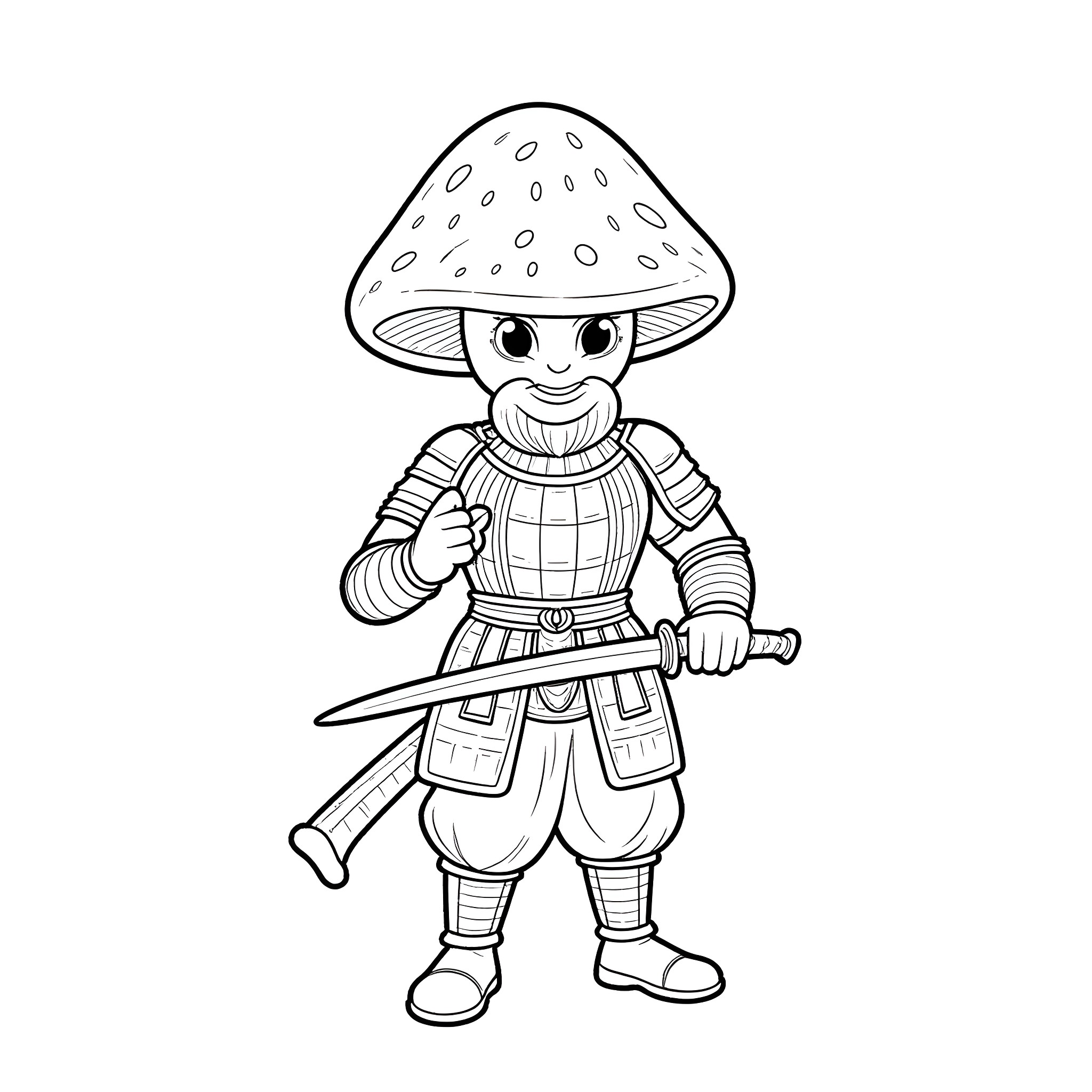 Mushroom Warrior Wielding Sword Coloring Page (free black-and-white line drawing printable PDF for all, from beginners to advanced learners, including children, teens, adults, and seniors)