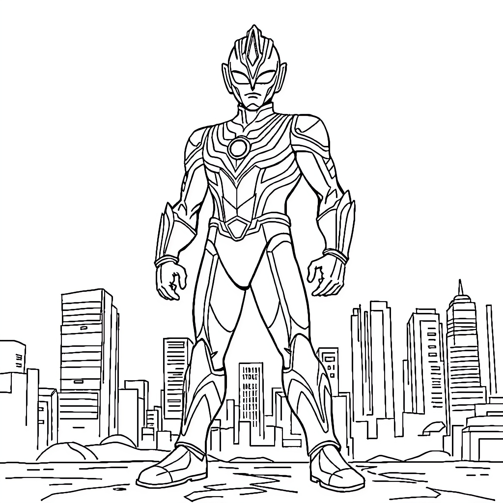 Ultraman stands tall over the city skyline Coloring Page (free black-and-white line drawing printable PDF for all, from beginners to advanced learners, including children, teens, adults, and seniors)