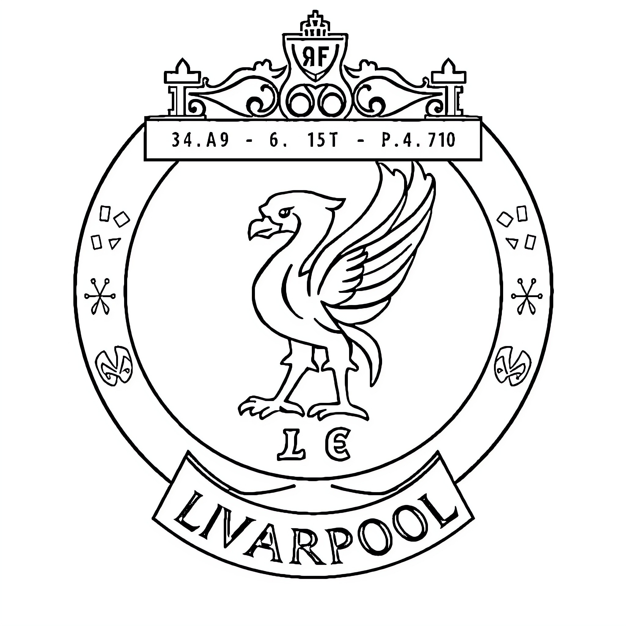 Liverpool Badge Depicting the Club's Iconic Emblem Coloring Page (free black-and-white line drawing printable PDF for all, from beginners to advanced learners, including children, teens, adults, and seniors)