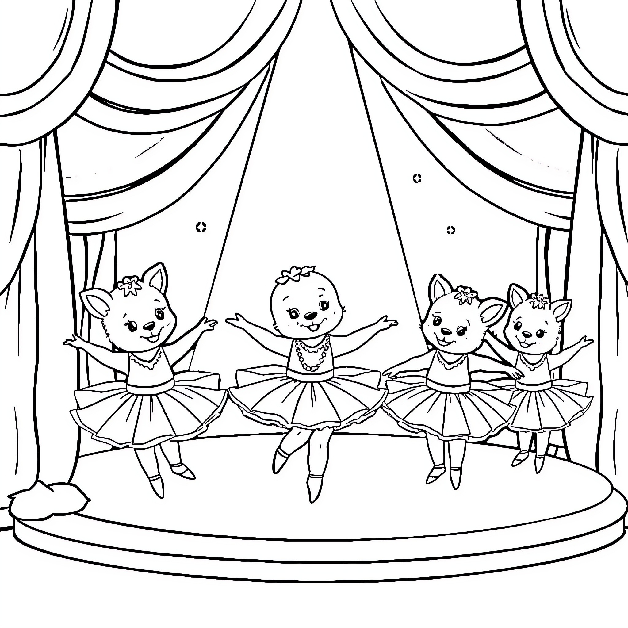 Ballerina Kittens Performing on Stage Coloring Page (free black-and-white line drawing printable PDF for all, from beginners to advanced learners, including children, teens, adults, and seniors)