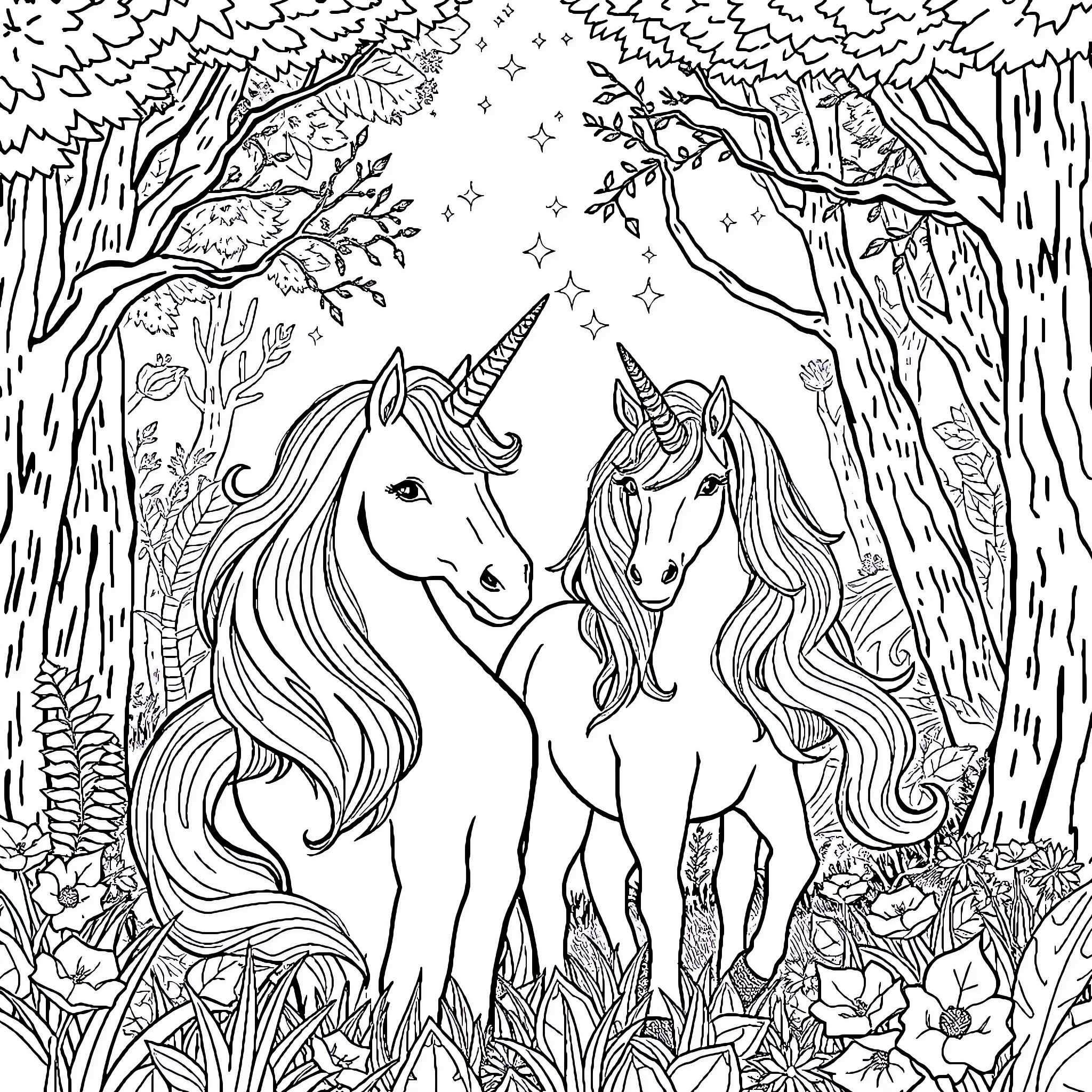 Unicorn Pair Frolicking in Enchanted Forest Coloring Page (free black-and-white line drawing printable PDF for all, from beginners to advanced learners, including children, teens, adults, and seniors)
