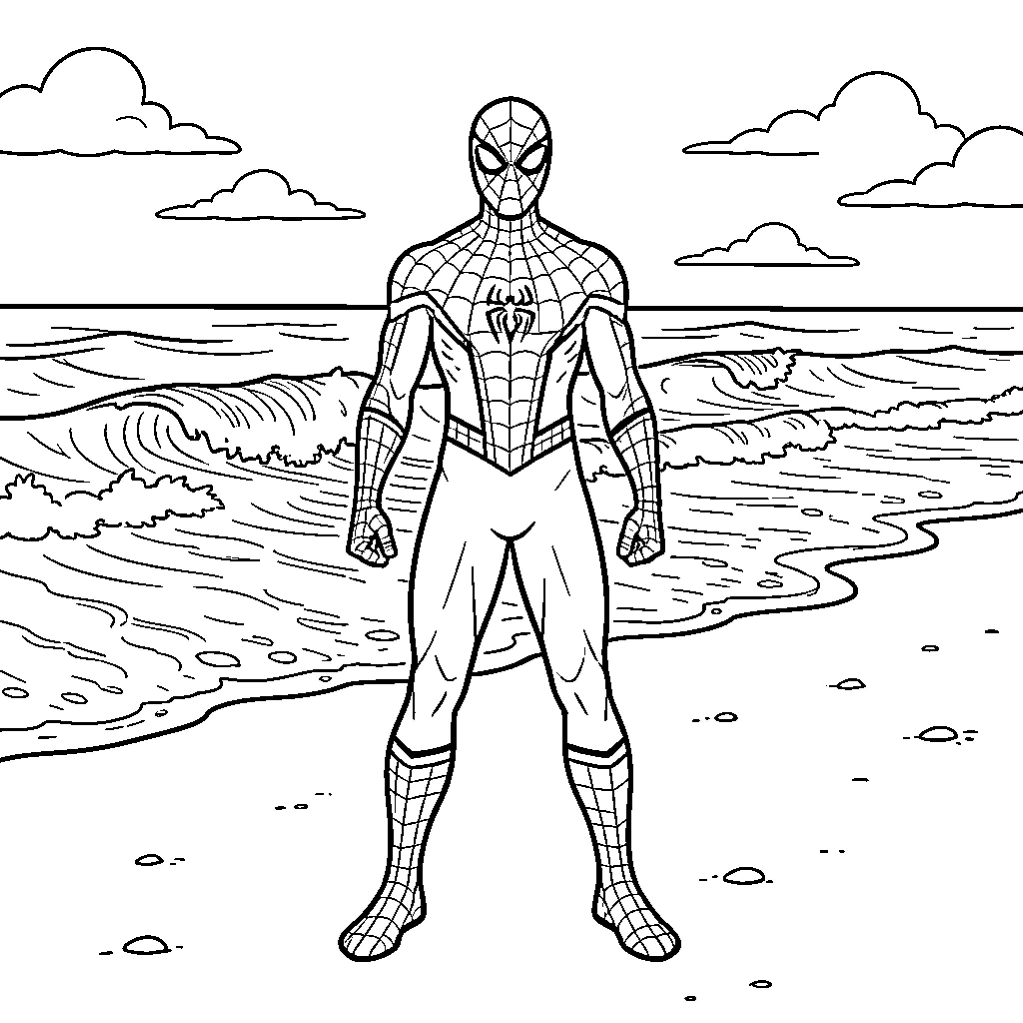 Spiderman standing heroically on a sandy beach Coloring Page (free black-and-white line drawing printable PDF for all, from beginners to advanced learners, including children, teens, adults, and seniors)