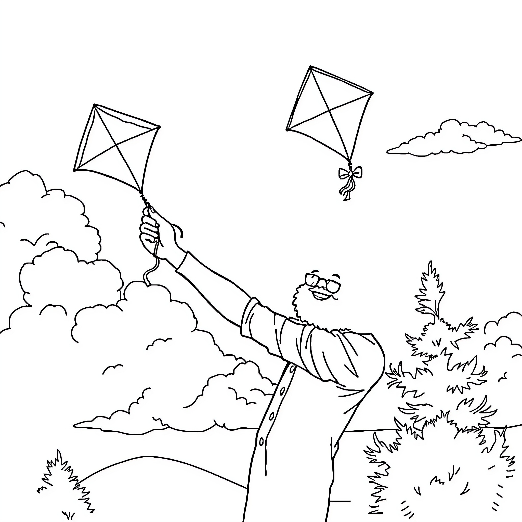 Bob Ross Joyfully Flying Colorful Kites in the Clouds Coloring Page (free black-and-white line drawing printable PDF for all, from beginners to advanced learners, including children, teens, adults, and seniors)