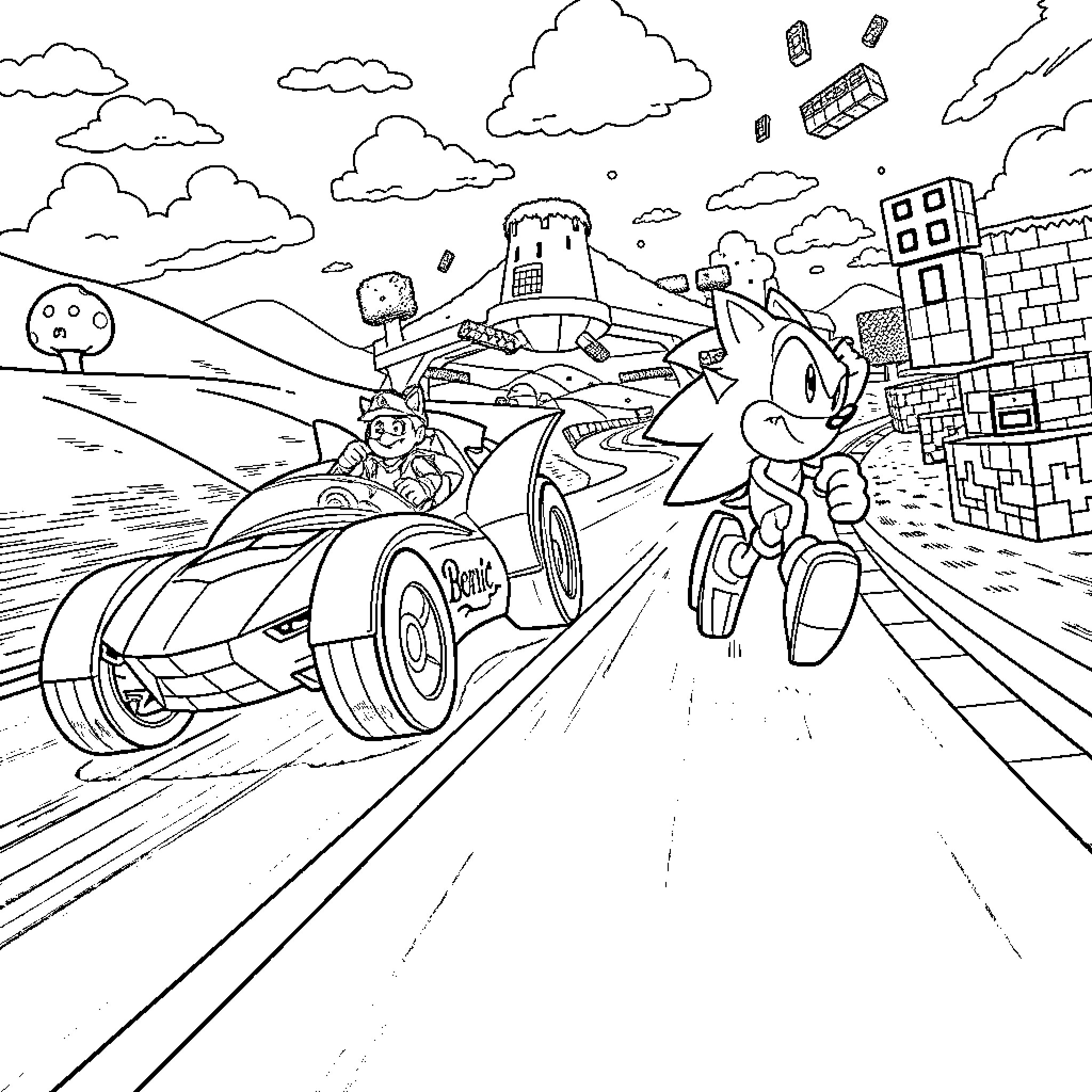 Batmobile racing through the city streets Coloring Page (free black-and-white line drawing printable PDF for all, from beginners to advanced learners, including children, teens, adults, and seniors)
