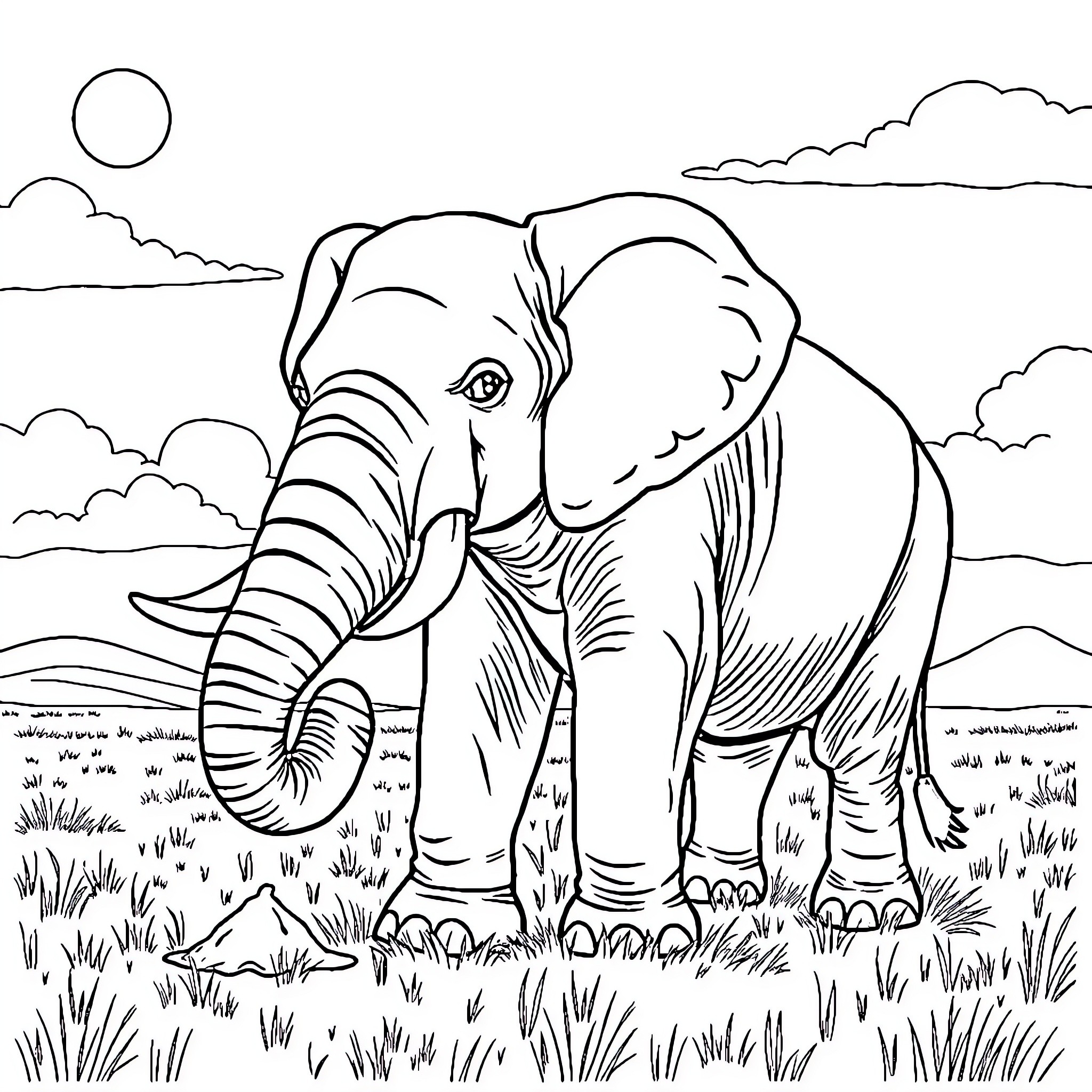 Elephant in Serene Landscape Coloring Page (free black-and-white line drawing printable PDF for all, from beginners to advanced learners, including children, teens, adults, and seniors)