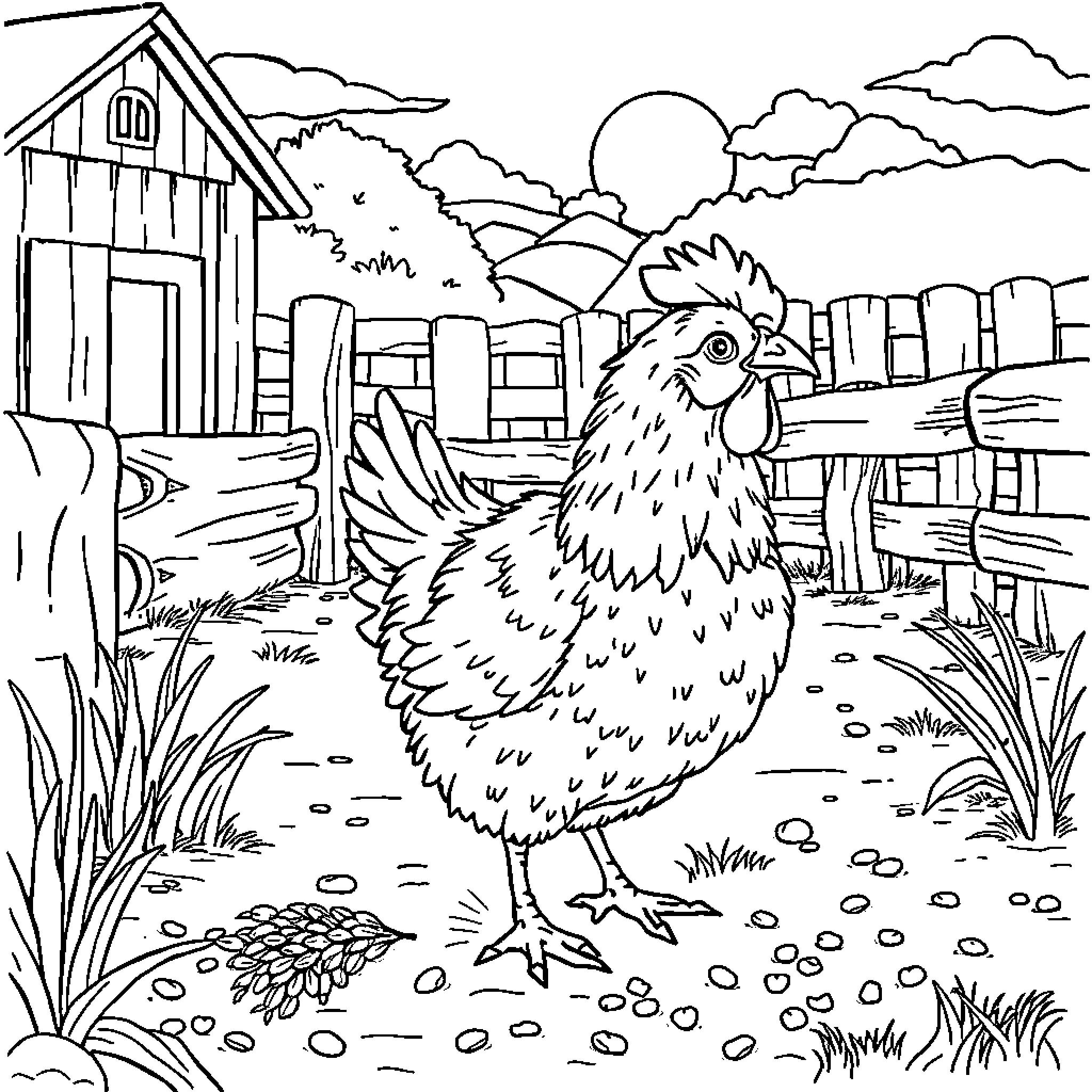 Chicken exploring a rustic farmyard landscape Coloring Page (free black-and-white line drawing printable PDF for all, from beginners to advanced learners, including children, teens, adults, and seniors)