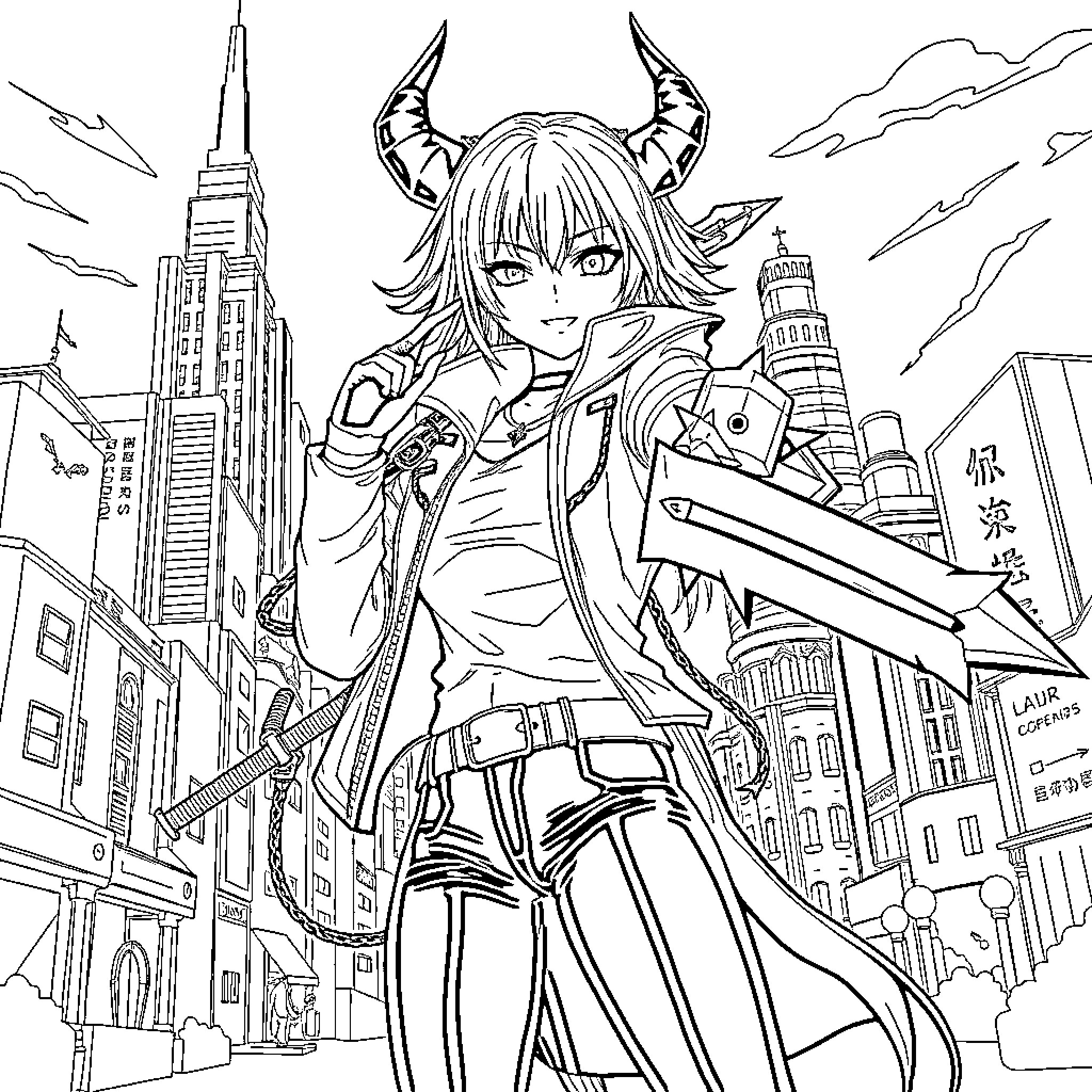 Isabella Stands Tall in the City Coloring Page (free black-and-white line drawing printable PDF for all, from beginners to advanced learners, including children, teens, adults, and seniors)