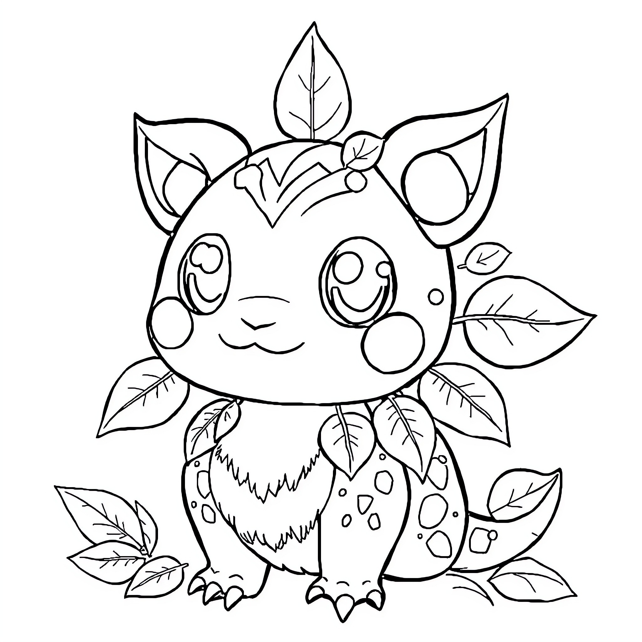 Rondoudou surrounded by leaves and flowers Coloring Page (free black-and-white line drawing printable PDF for all, from beginners to advanced learners, including children, teens, adults, and seniors)