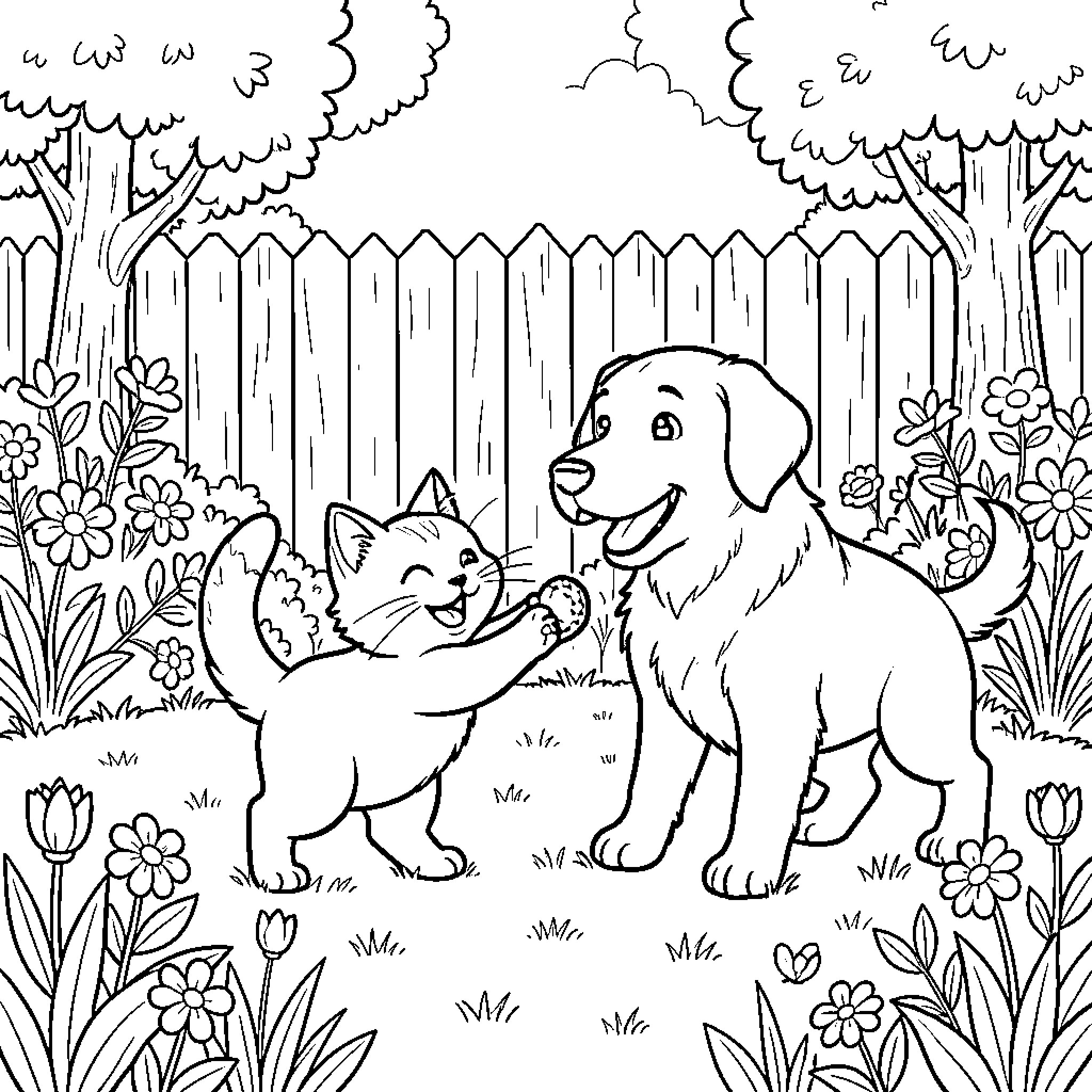 Gato and puppy playing together in a garden Coloring Page (free black-and-white line drawing printable PDF for all, from beginners to advanced learners, including children, teens, adults, and seniors)