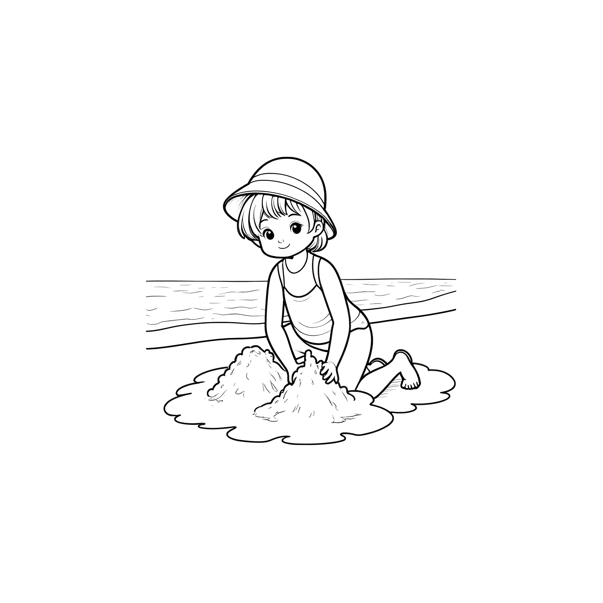 Girl playing in the sand at the beach Coloring Page (free black-and-white line drawing printable PDF for all, from beginners to advanced learners, including children, teens, adults, and seniors)