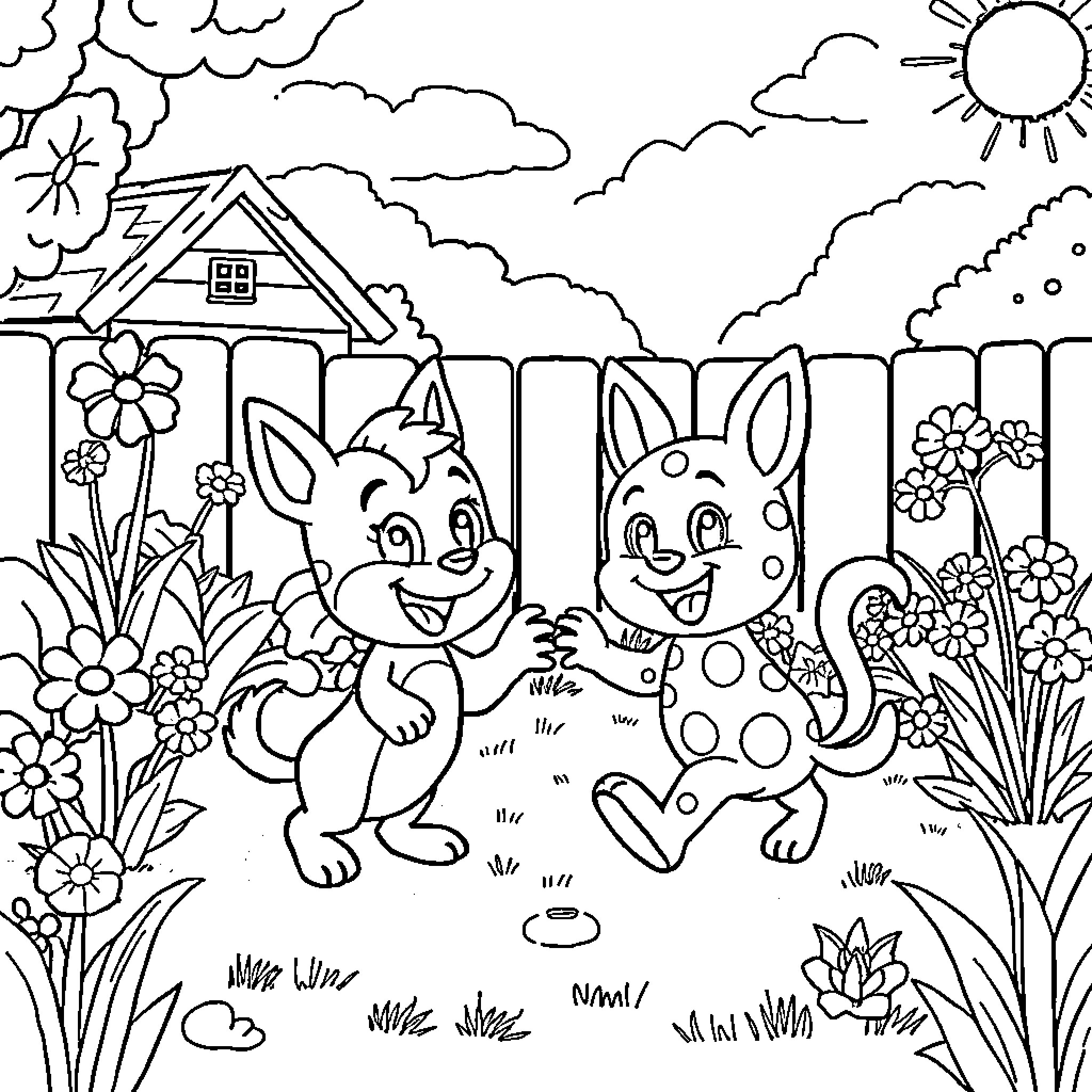 Bluey and friends exploring the backyard garden Coloring Page (free black-and-white line drawing printable PDF for all, from beginners to advanced learners, including children, teens, adults, and seniors)