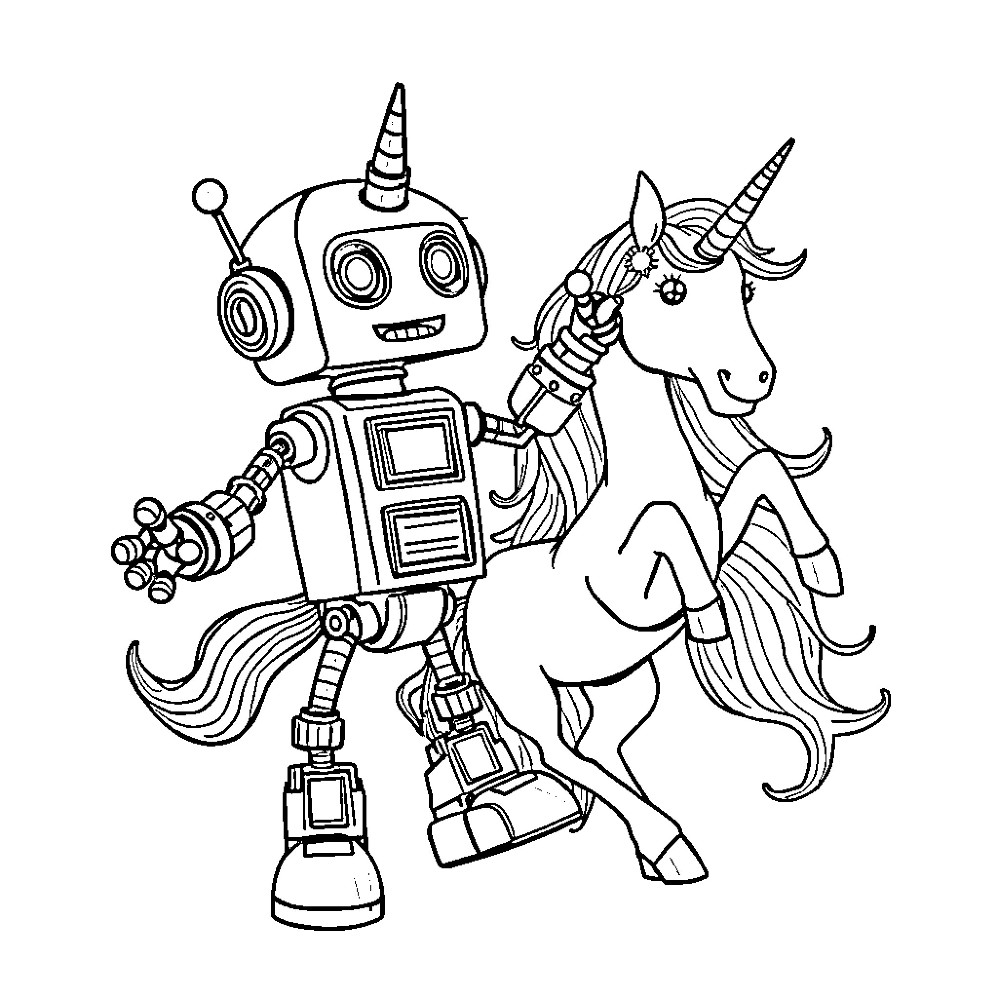 Robot unicorn playing with robotic companion Coloring Page (free black-and-white line drawing printable PDF for all, from beginners to advanced learners, including children, teens, adults, and seniors)