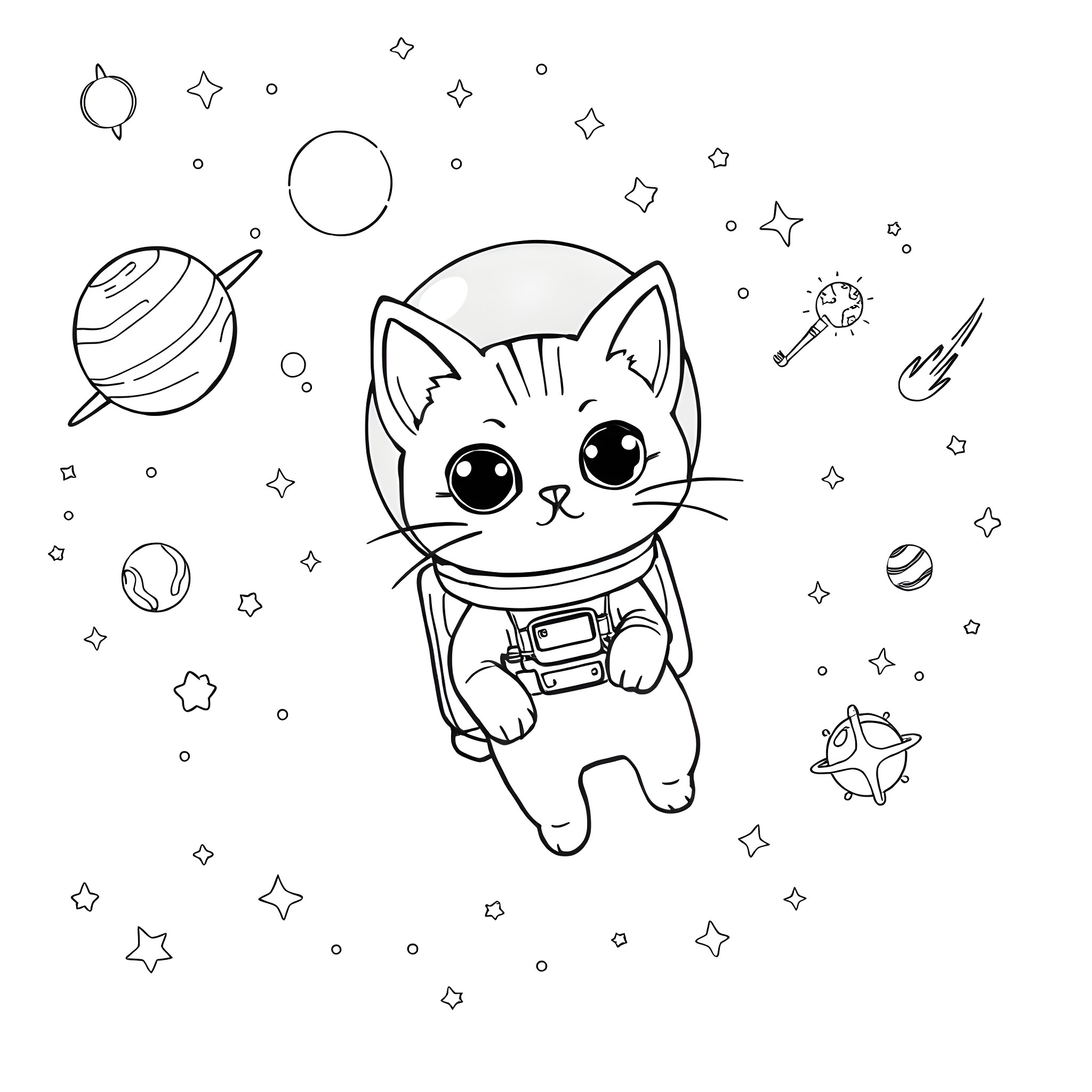 Cat astronaut exploring the cosmos Coloring Page (free black-and-white line drawing printable PDF for all, from beginners to advanced learners, including children, teens, adults, and seniors)