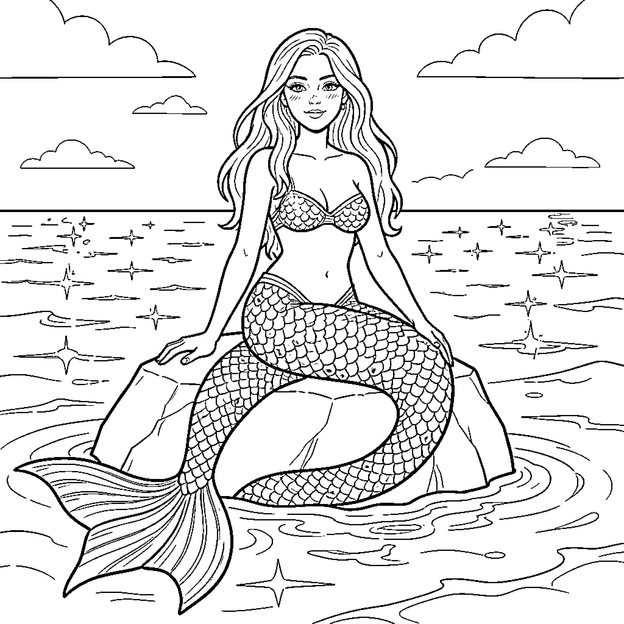 Mermaid sitting elegantly in the sea Coloring Page (free black-and-white line drawing printable PDF for all, from beginners to advanced learners, including children, teens, adults, and seniors)