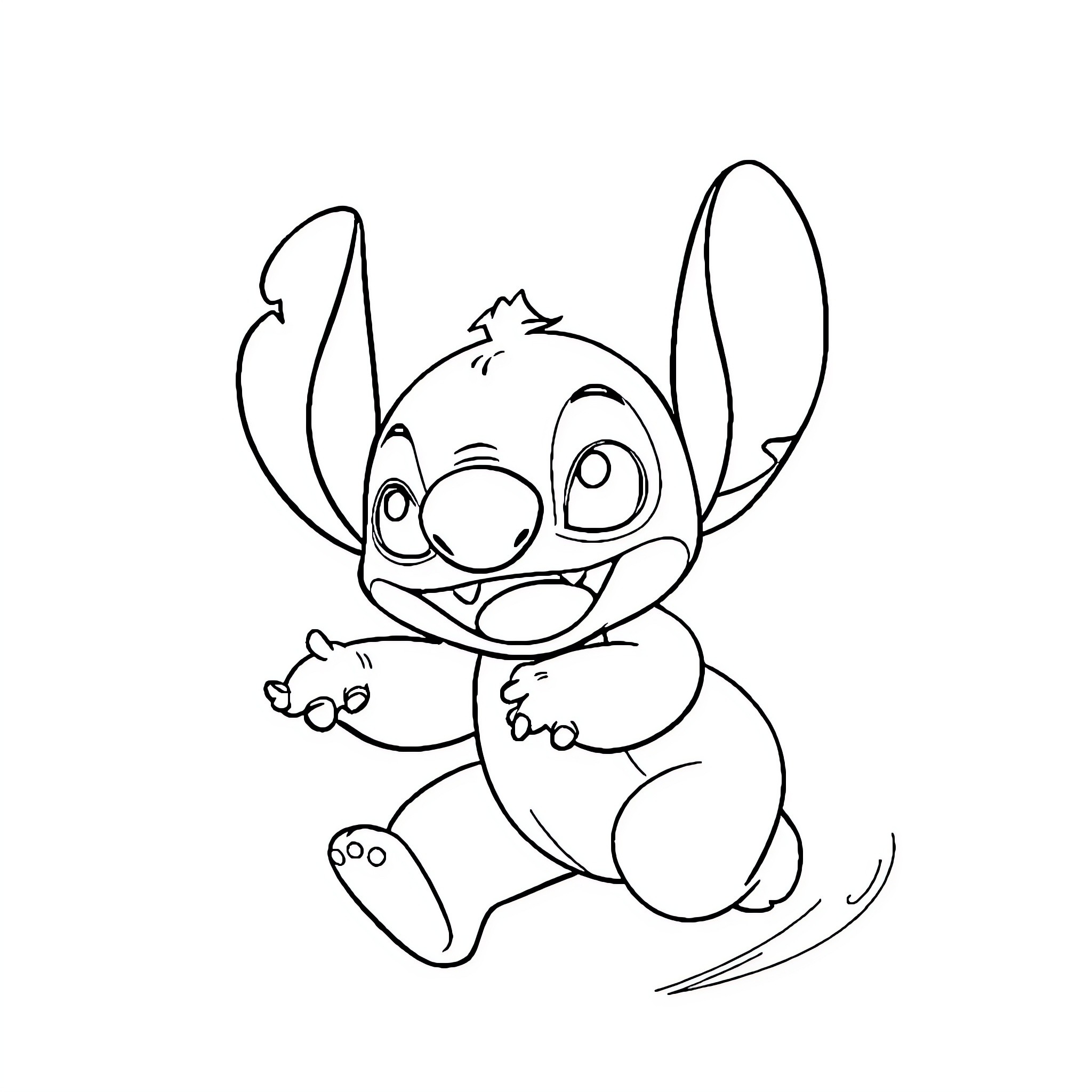 Stitch sitting playfully on the ground Coloring Page (free black-and-white line drawing printable PDF for all, from beginners to advanced learners, including children, teens, adults, and seniors)