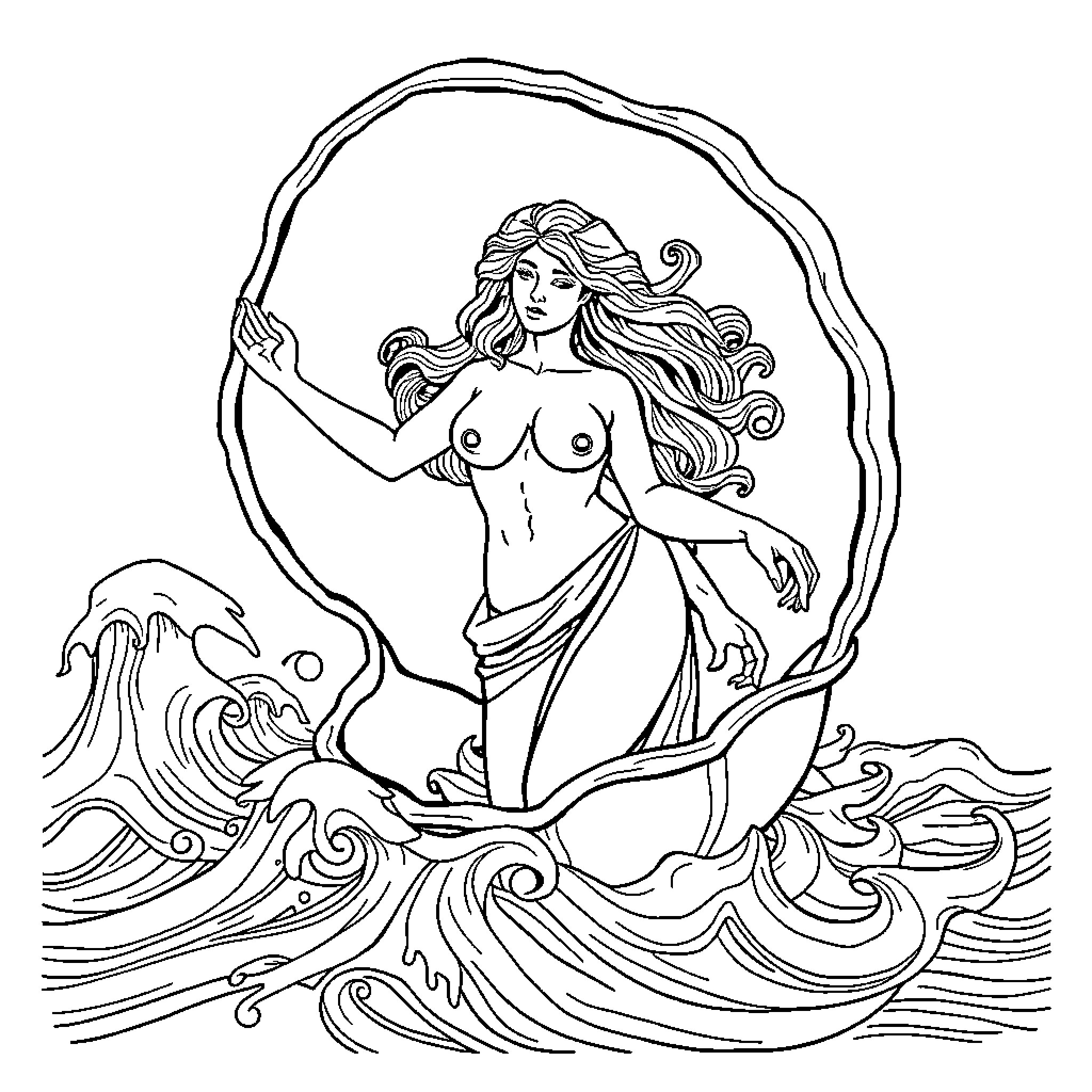 Aphrodite, Goddess of Love, Emerges from the Waves Coloring Page (free black-and-white line drawing printable PDF for all, from beginners to advanced learners, including children, teens, adults, and seniors)