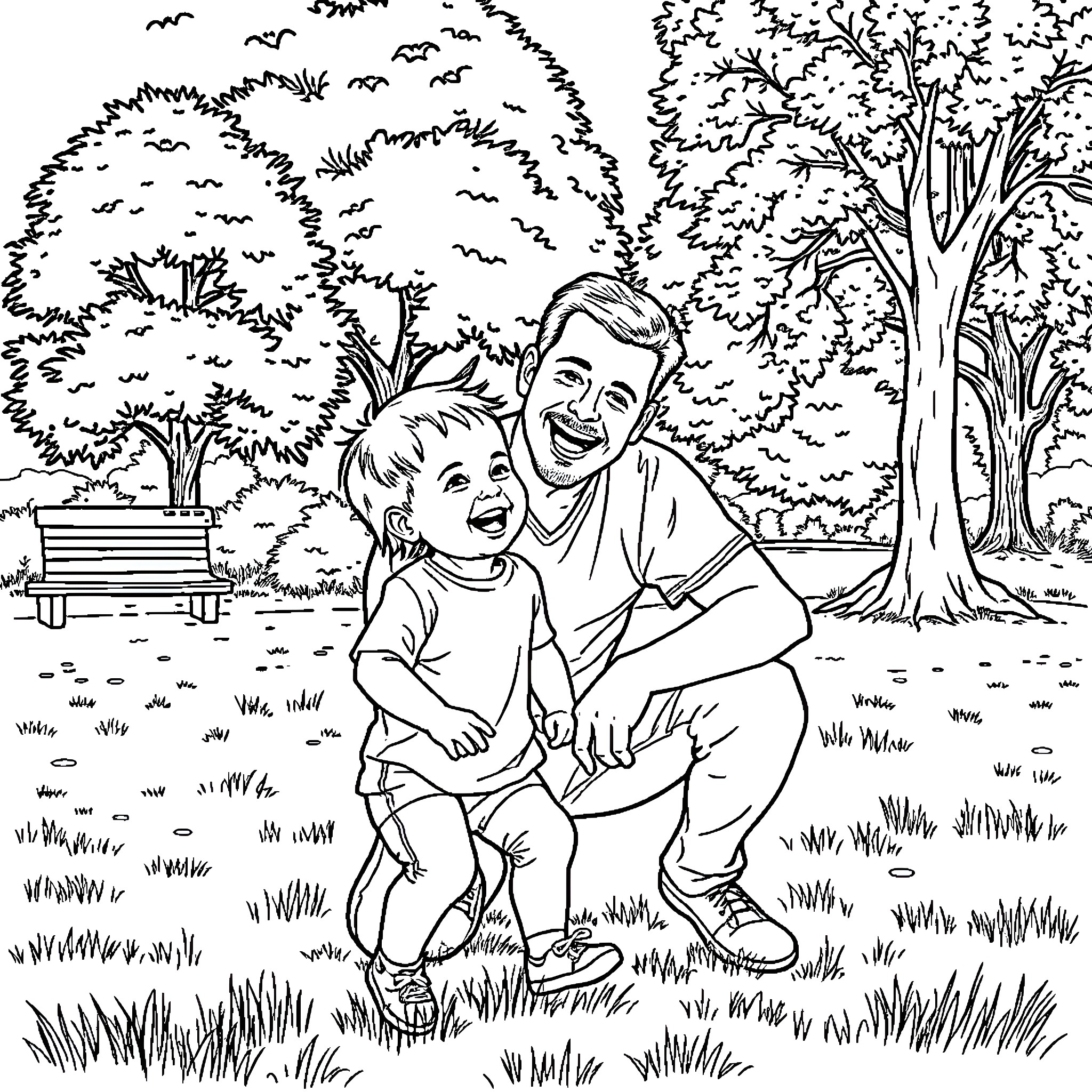 Dad and child enjoying outdoor adventure Coloring Page (free black-and-white line drawing printable PDF for all, from beginners to advanced learners, including children, teens, adults, and seniors)