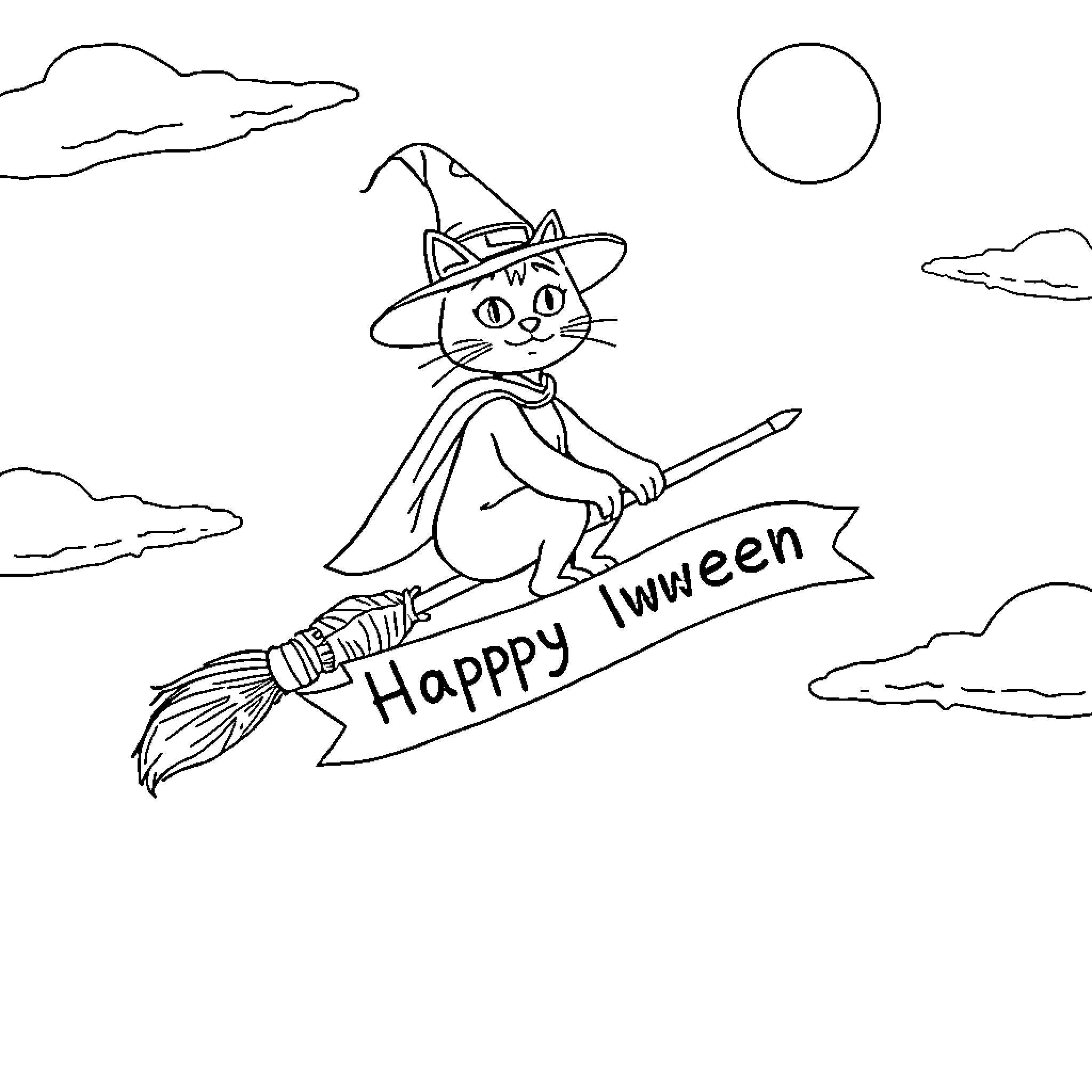 Cat Witch Celebrating Halloween on Broomstick Coloring Page (free black-and-white line drawing printable PDF for all, from beginners to advanced learners, including children, teens, adults, and seniors)