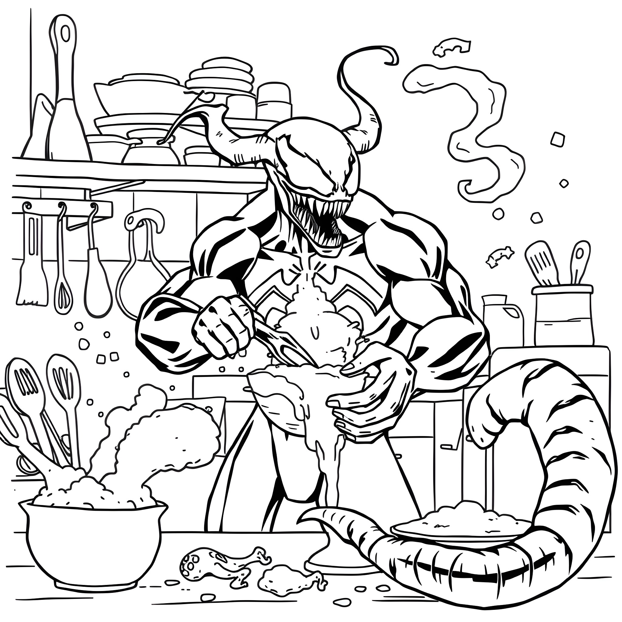 Venom Unleashes Chaos in the Kitchen Coloring Page (free black-and-white line drawing printable PDF for all, from beginners to advanced learners, including children, teens, adults, and seniors)