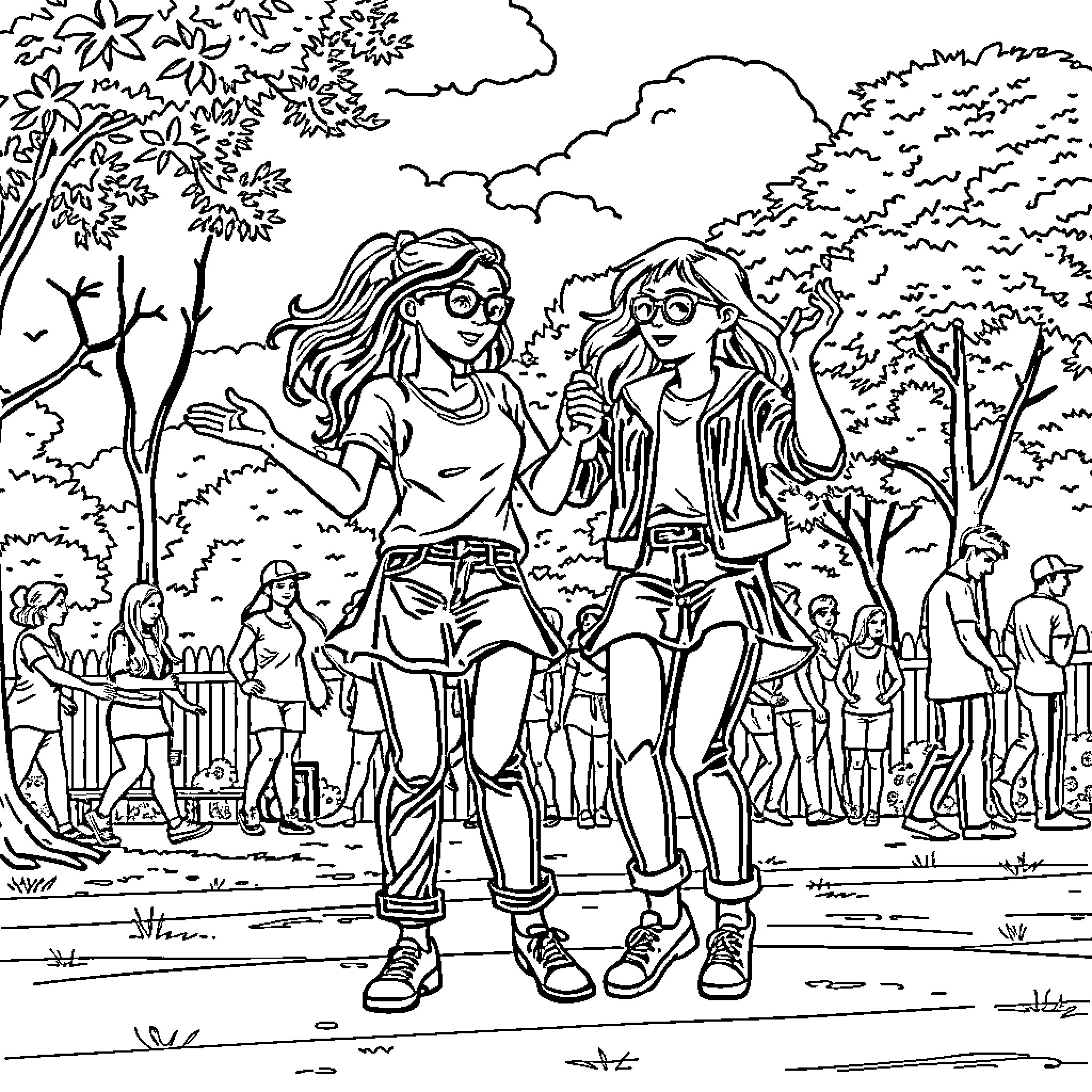 Nina's Adventure with Friends in the Park Coloring Page (free black-and-white line drawing printable PDF for all, from beginners to advanced learners, including children, teens, adults, and seniors)