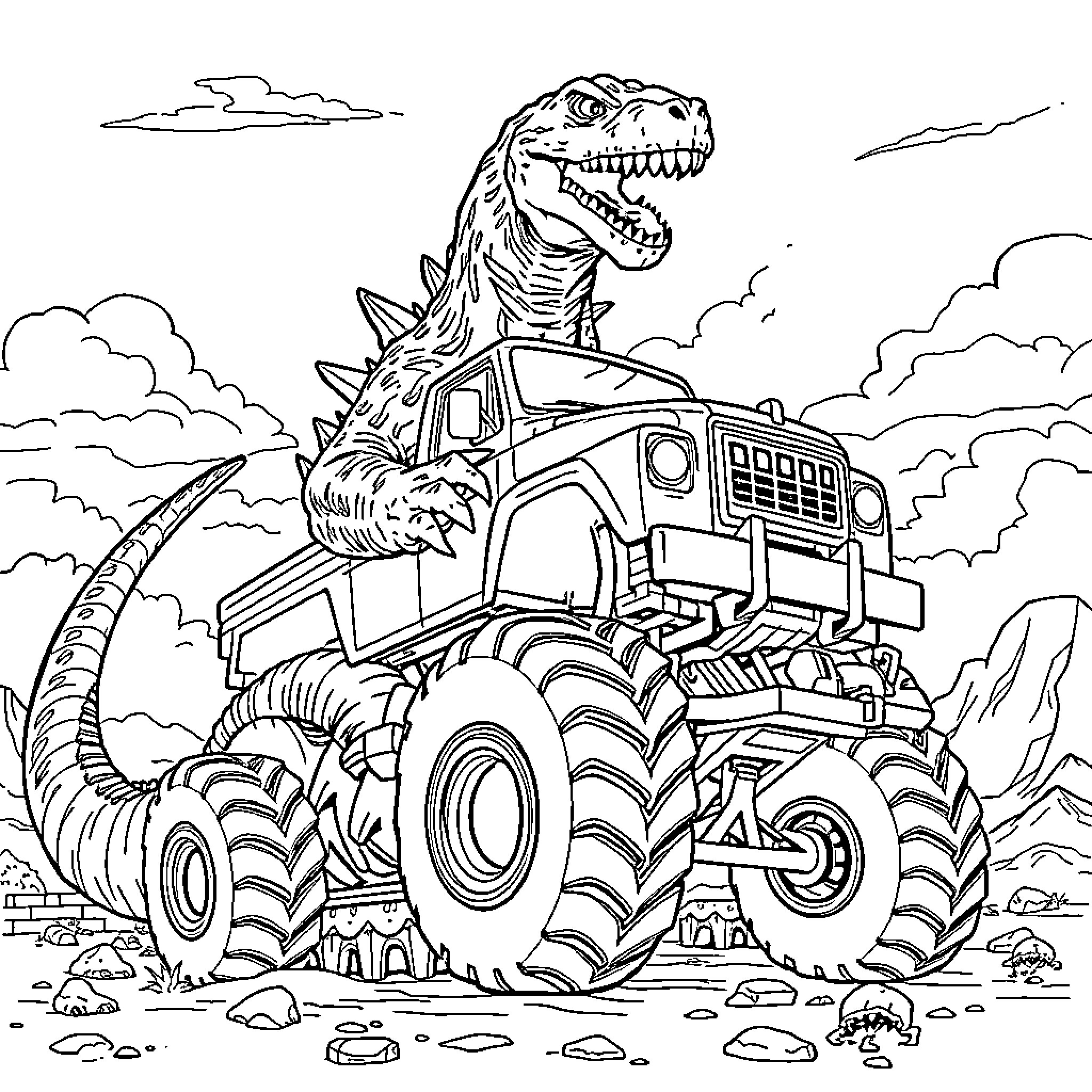Godzilla riding a monster truck in the wilderness Coloring Page (free black-and-white line drawing printable PDF for all, from beginners to advanced learners, including children, teens, adults, and seniors)