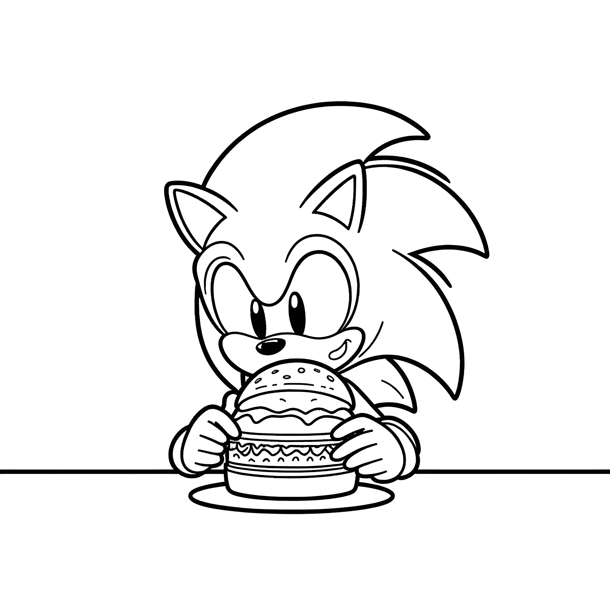 Sonic Enjoying a Tasty Burger Coloring Page (free black-and-white line drawing printable PDF for all, from beginners to advanced learners, including children, teens, adults, and seniors)