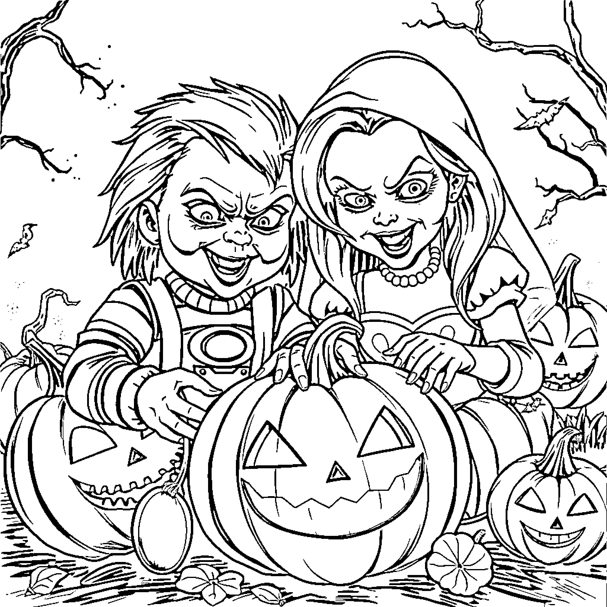 Chucky and Tiffany Trick-or-Treating on Halloween Coloring Page (free black-and-white line drawing printable PDF for all, from beginners to advanced learners, including children, teens, adults, and seniors)