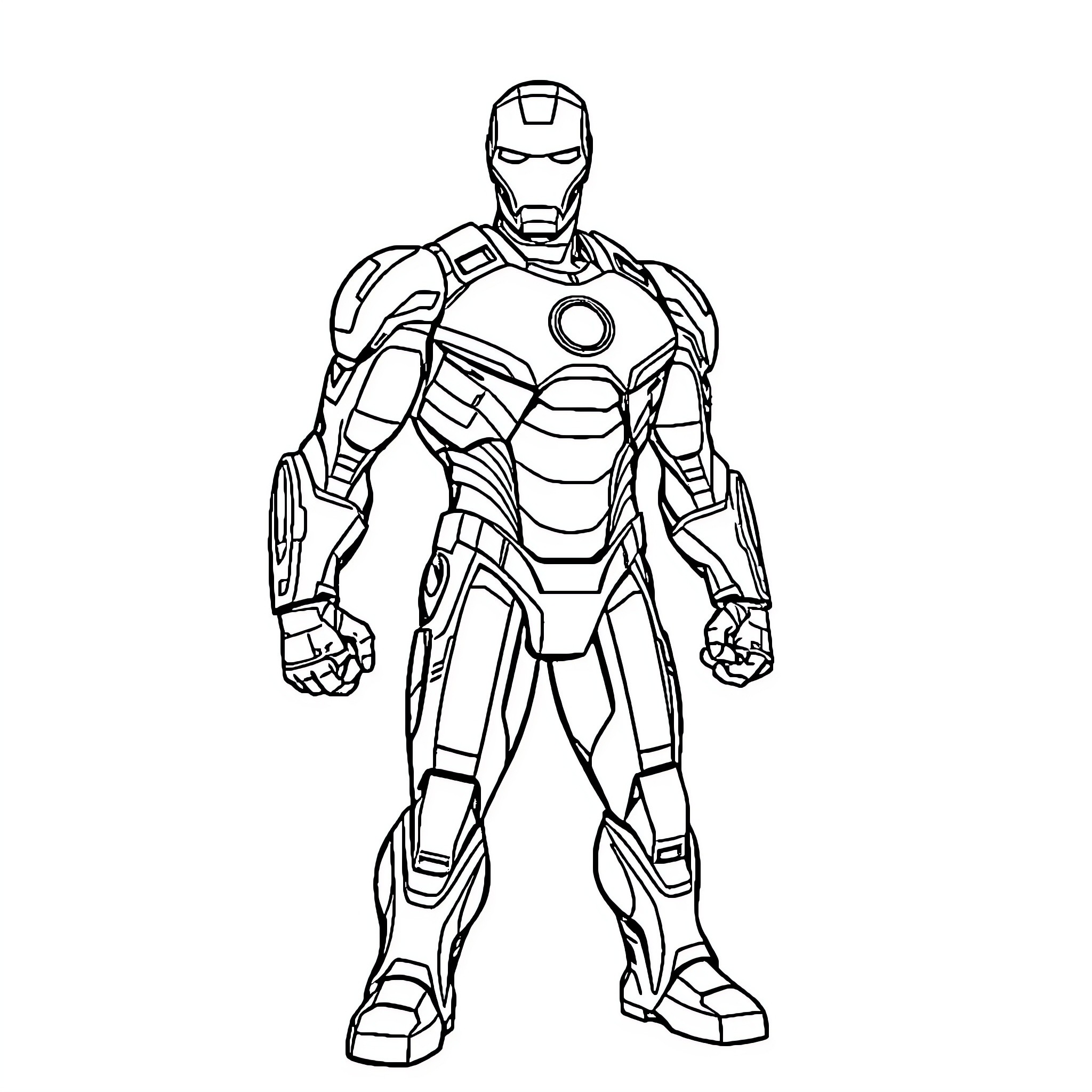 Ironman in heroic stance with advanced technology Coloring Page (free black-and-white line drawing printable PDF for all, from beginners to advanced learners, including children, teens, adults, and seniors)