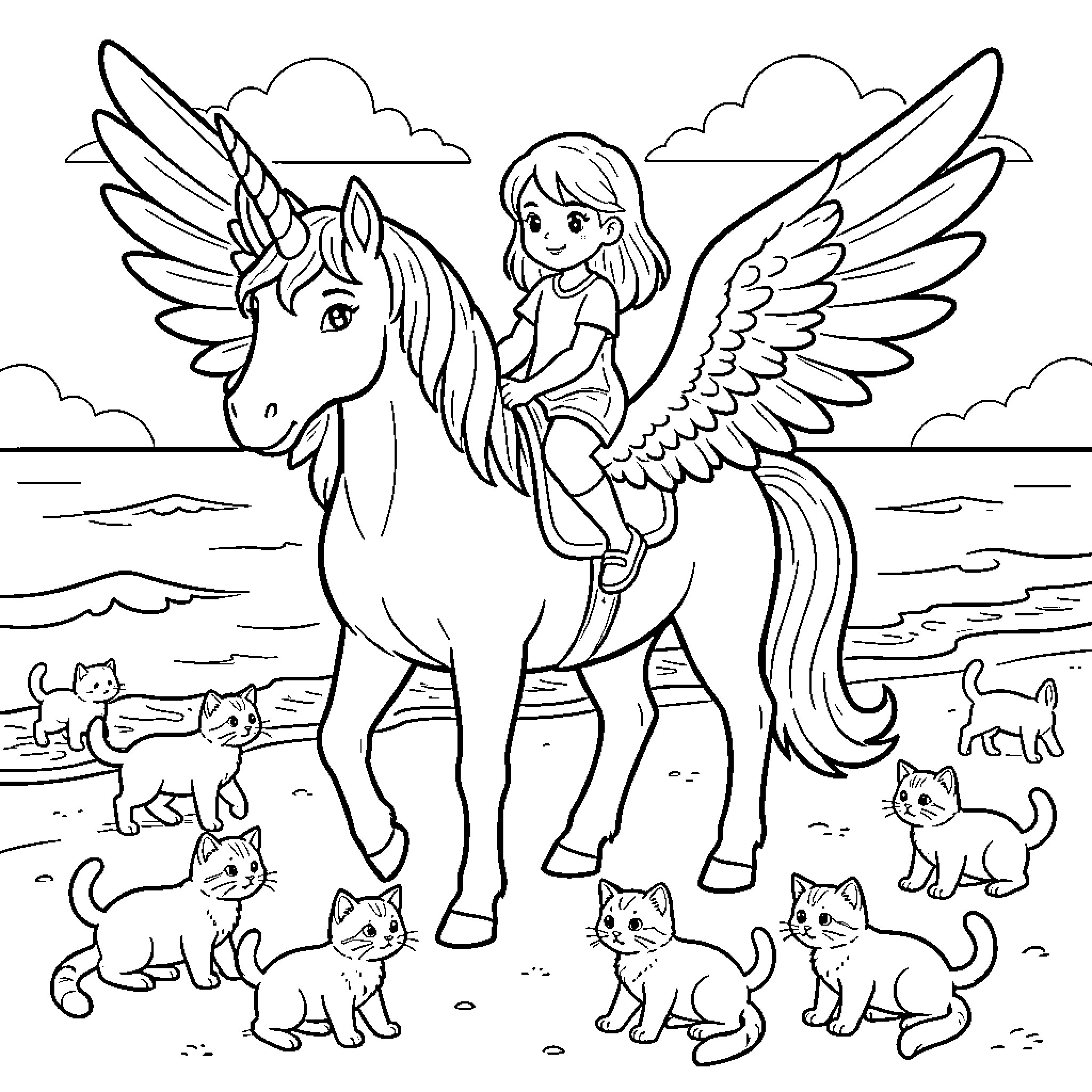 Unicorn with wings being ridden by a girl Coloring Page (free black-and-white line drawing printable PDF for all, from beginners to advanced learners, including children, teens, adults, and seniors)