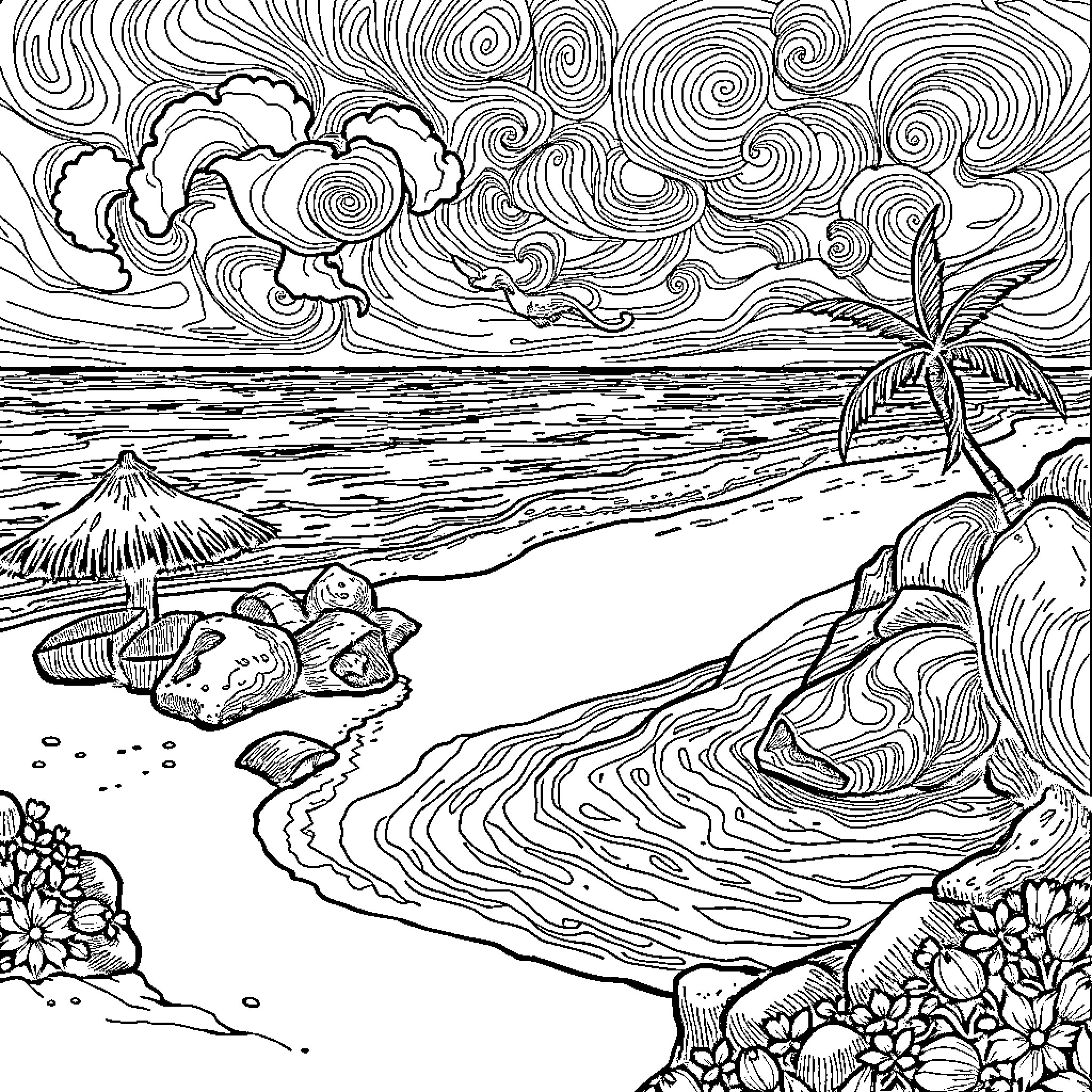 Beach scene with swirling clouds and palm trees Coloring Page (free black-and-white line drawing printable PDF for all, from beginners to advanced learners, including children, teens, adults, and seniors)