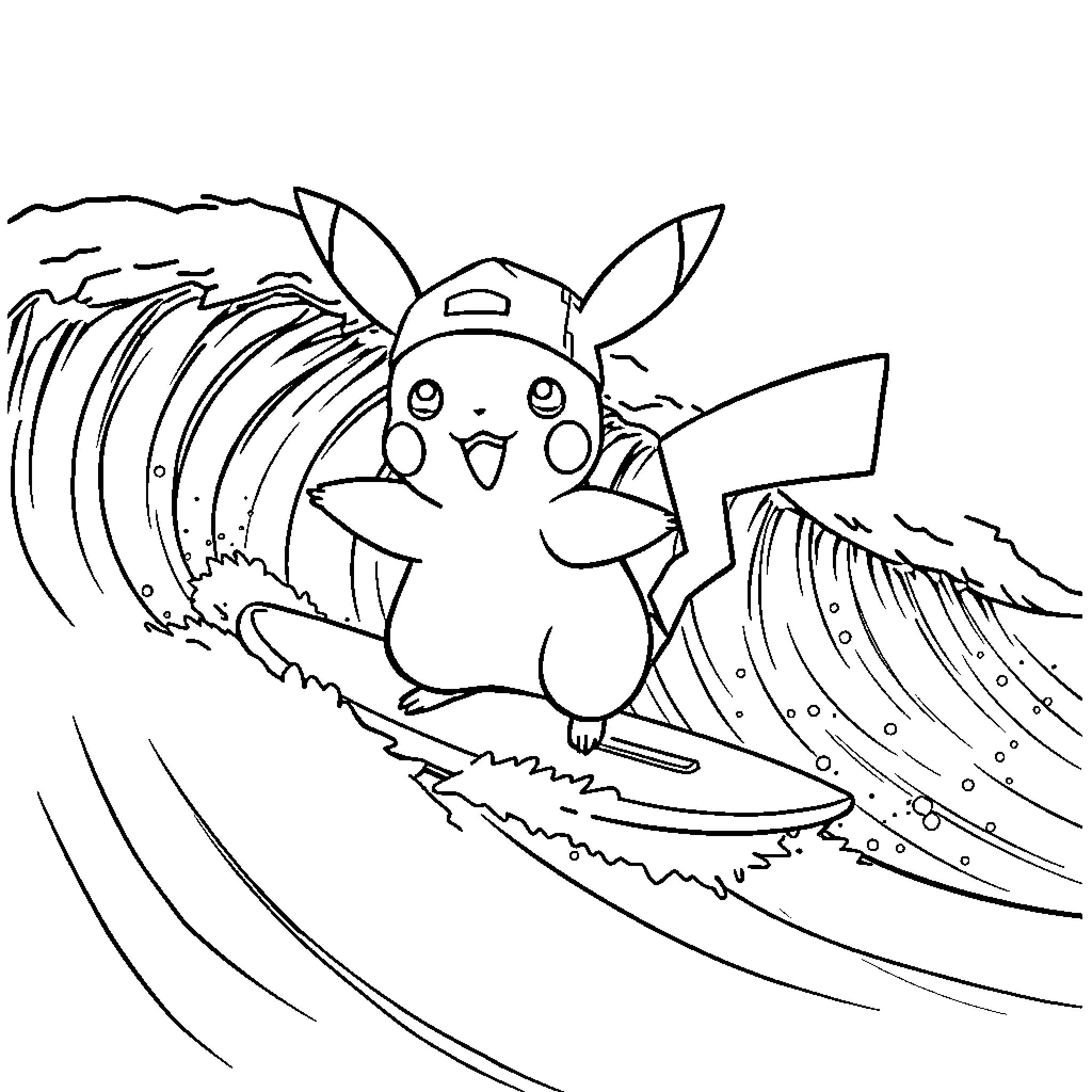 Pikachu surfing on a big wave Coloring Page (free black-and-white line drawing printable PDF for all, from beginners to advanced learners, including children, teens, adults, and seniors)