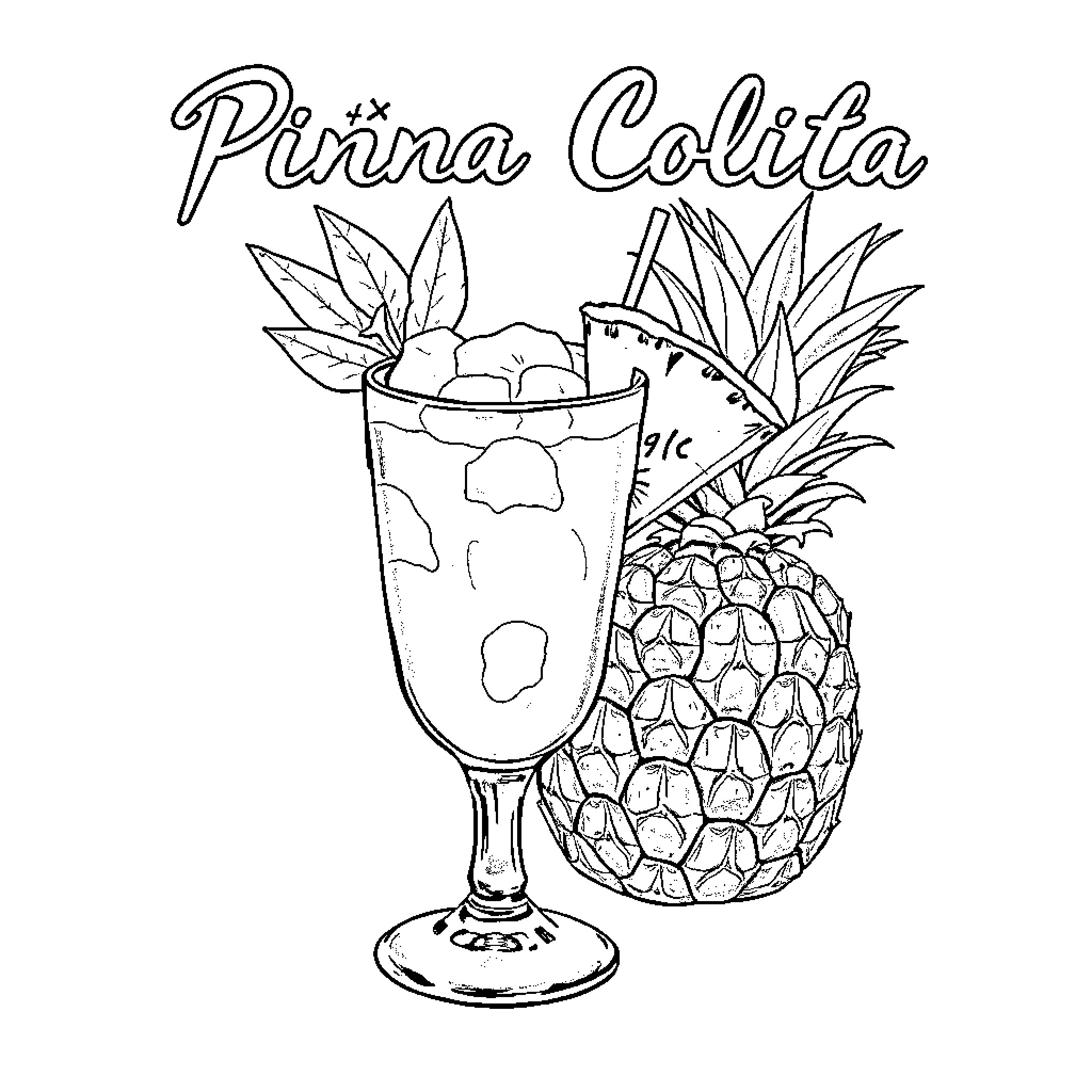 Pina Colita cocktail with pineapple garnish Coloring Page (free black-and-white line drawing printable PDF for all, from beginners to advanced learners, including children, teens, adults, and seniors)