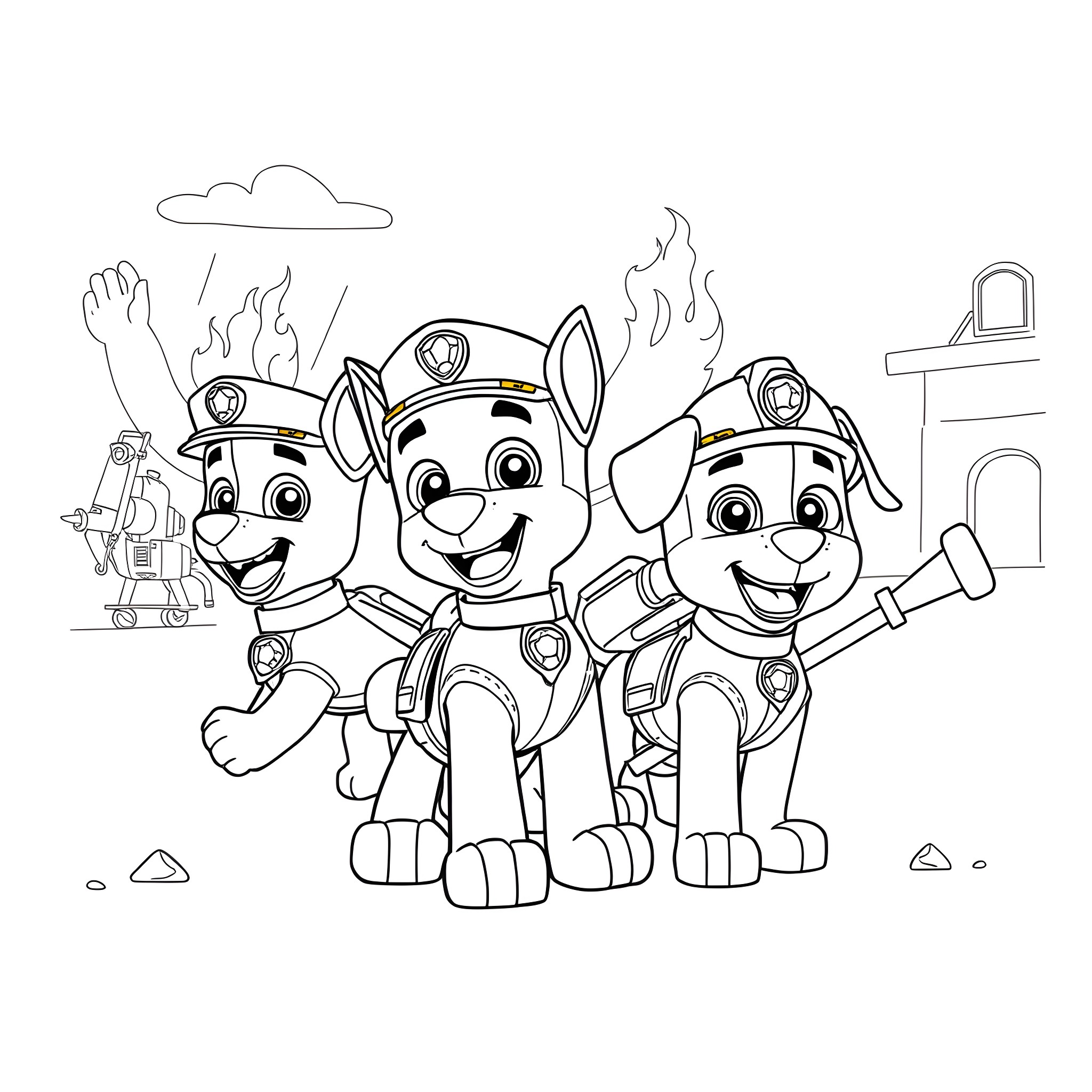 Paw Patrol pups on an exciting rescue mission Coloring Page (free black-and-white line drawing printable PDF for all, from beginners to advanced learners, including children, teens, adults, and seniors)