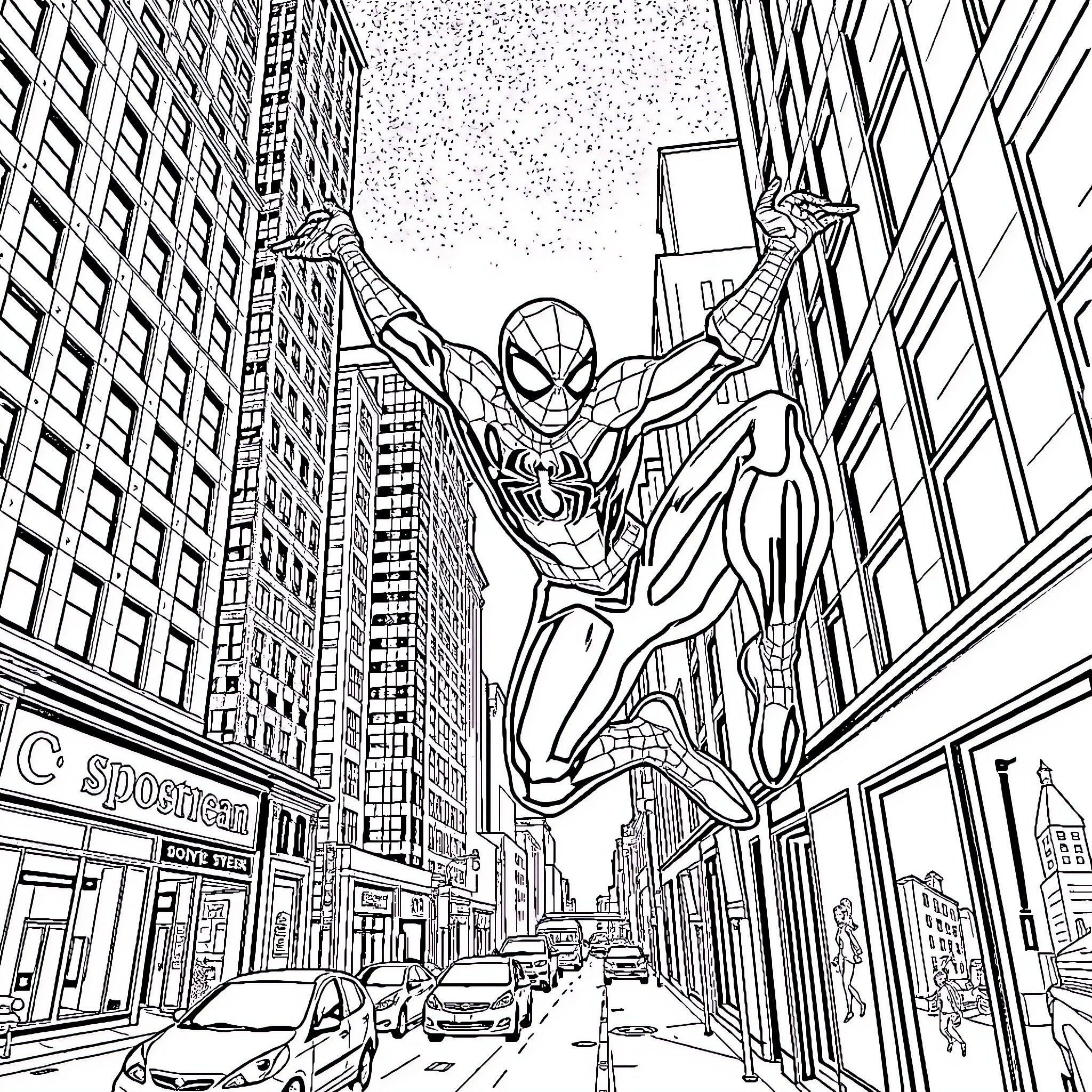 Spider-Man Swinging Through the Bustling City Streets Coloring Page (free black-and-white line drawing printable PDF for all, from beginners to advanced learners, including children, teens, adults, and seniors)