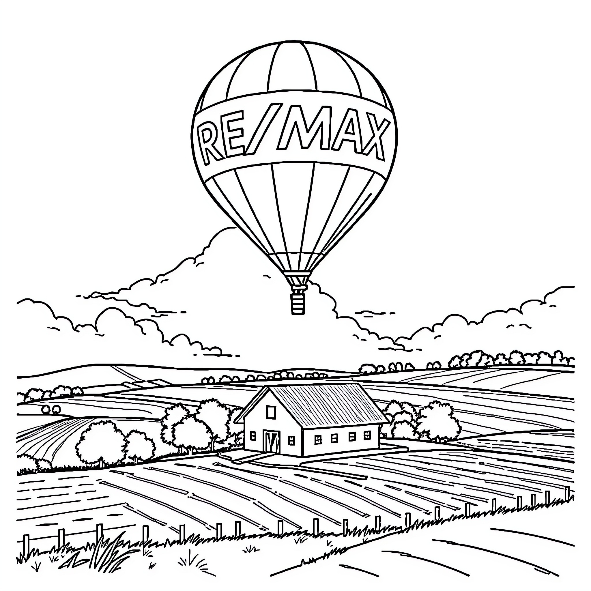 Balloon hovering over scenic countryside landscape Coloring Page (free black-and-white line drawing printable PDF for all, from beginners to advanced learners, including children, teens, adults, and seniors)