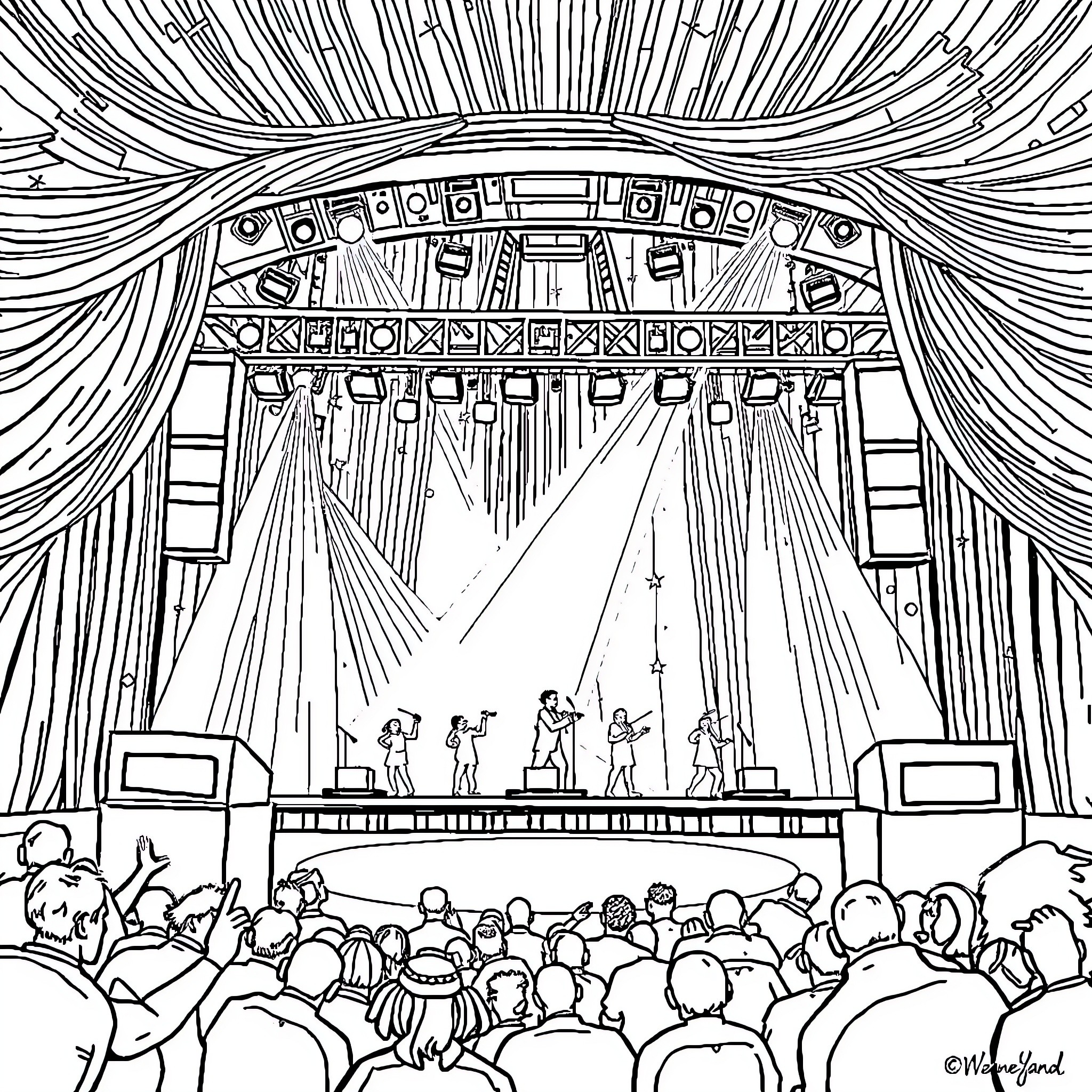 Sprunki's Magnificent Stage Performance Coloring Page (free black-and-white line drawing printable PDF for all, from beginners to advanced learners, including children, teens, adults, and seniors)