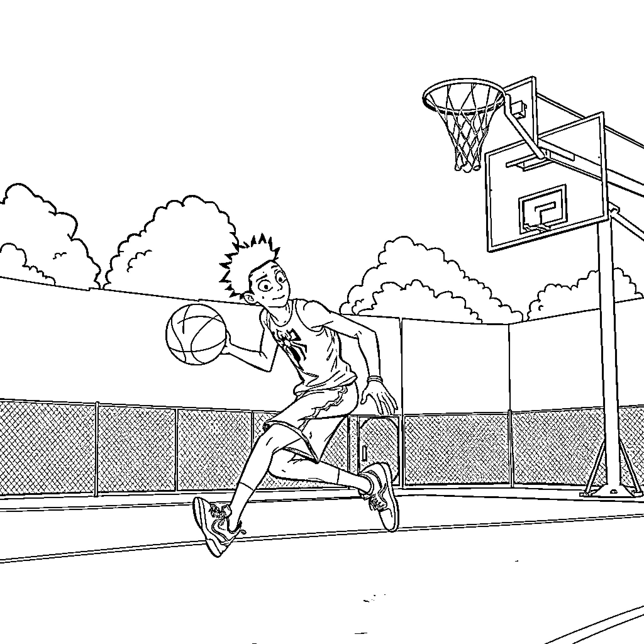 Miles Morales playing basketball on the court Coloring Page (free black-and-white line drawing printable PDF for all, from beginners to advanced learners, including children, teens, adults, and seniors)