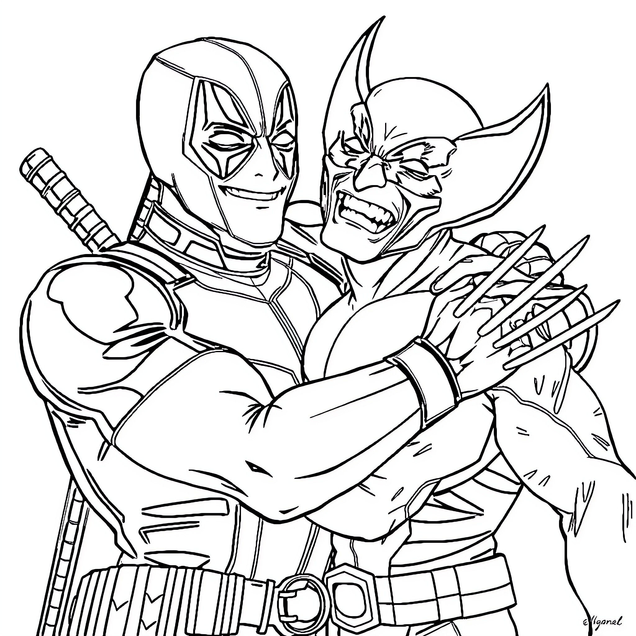 Deadpool and Wolverine engaged in intense combat Coloring Page (free black-and-white line drawing printable PDF for all, from beginners to advanced learners, including children, teens, adults, and seniors)