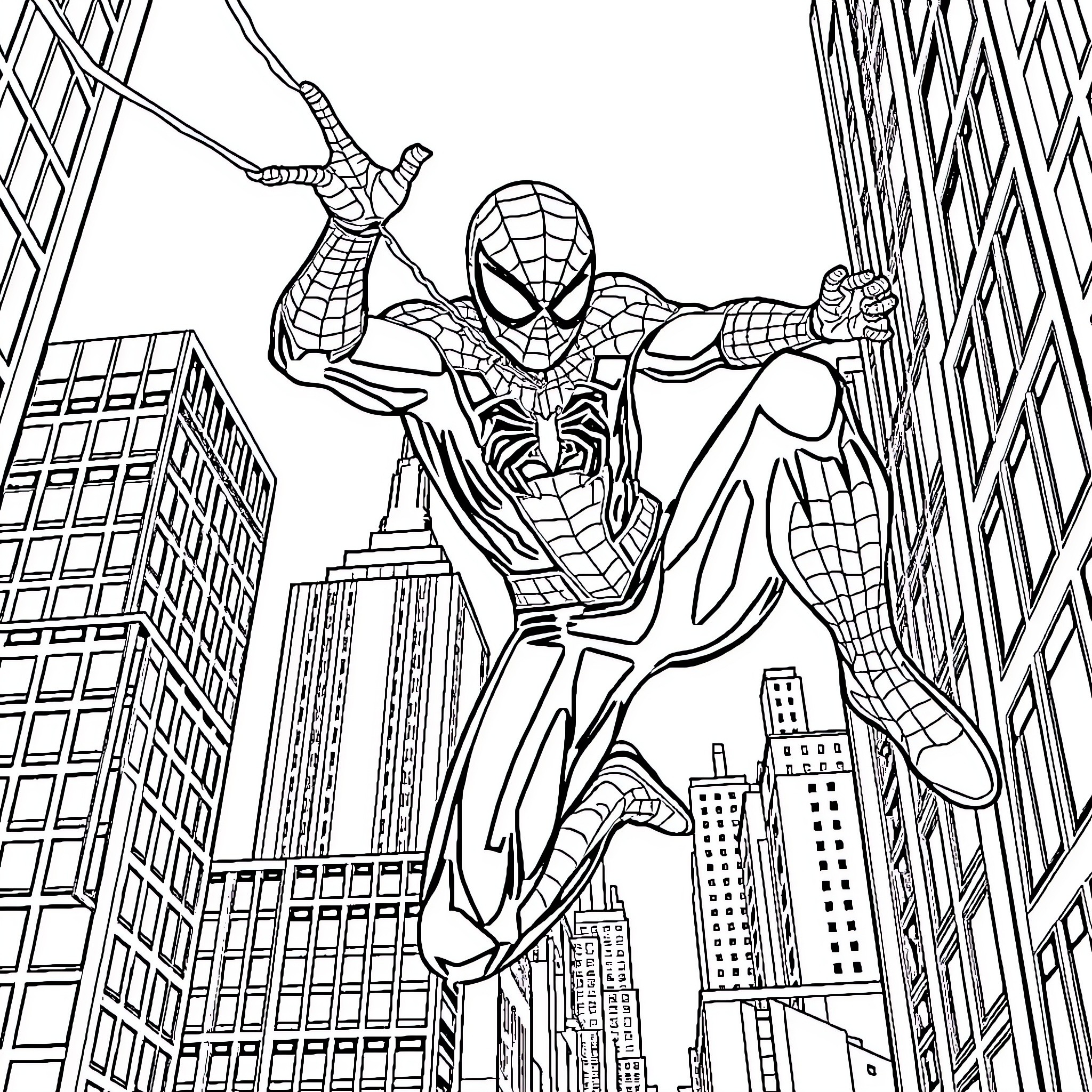 Spiderman swinging through the city skyline Coloring Page (free black-and-white line drawing printable PDF for all, from beginners to advanced learners, including children, teens, adults, and seniors)