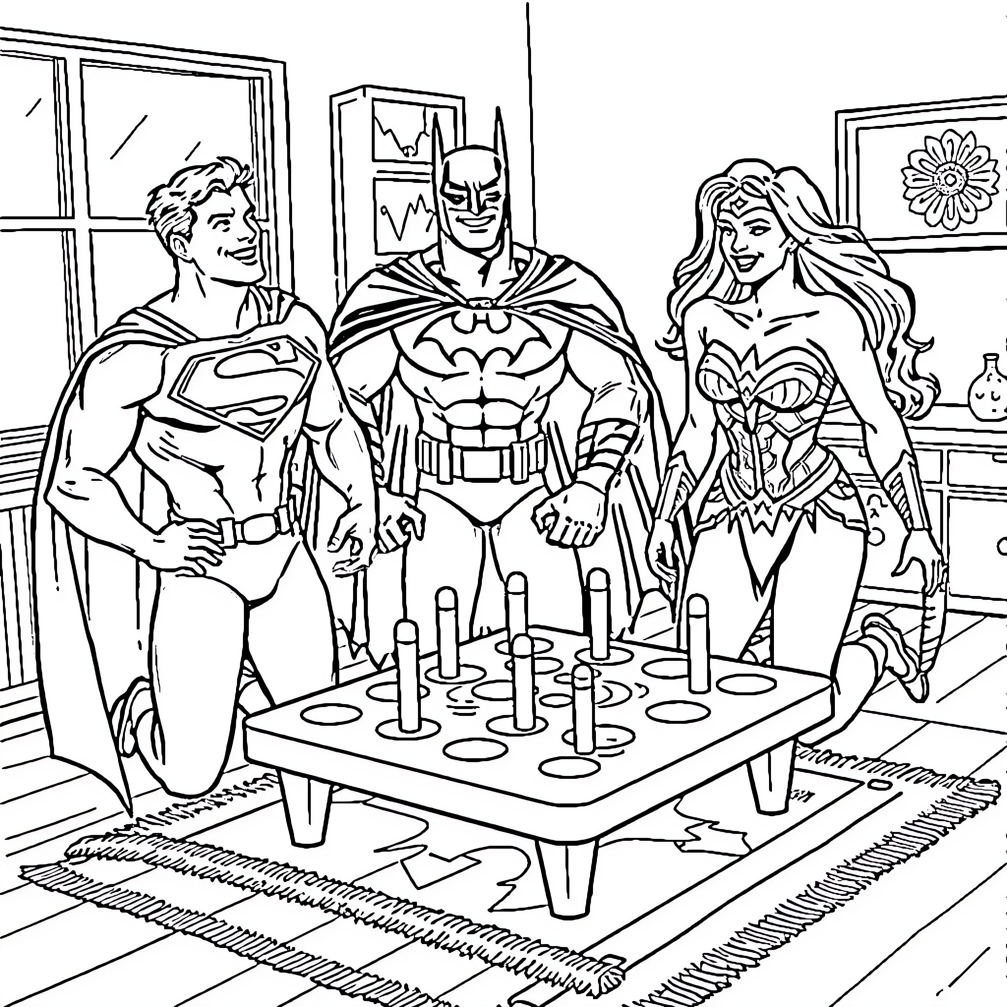 Superhero Friends Enjoying a Game Night Coloring Page (free black-and-white line drawing printable PDF for all, from beginners to advanced learners, including children, teens, adults, and seniors)