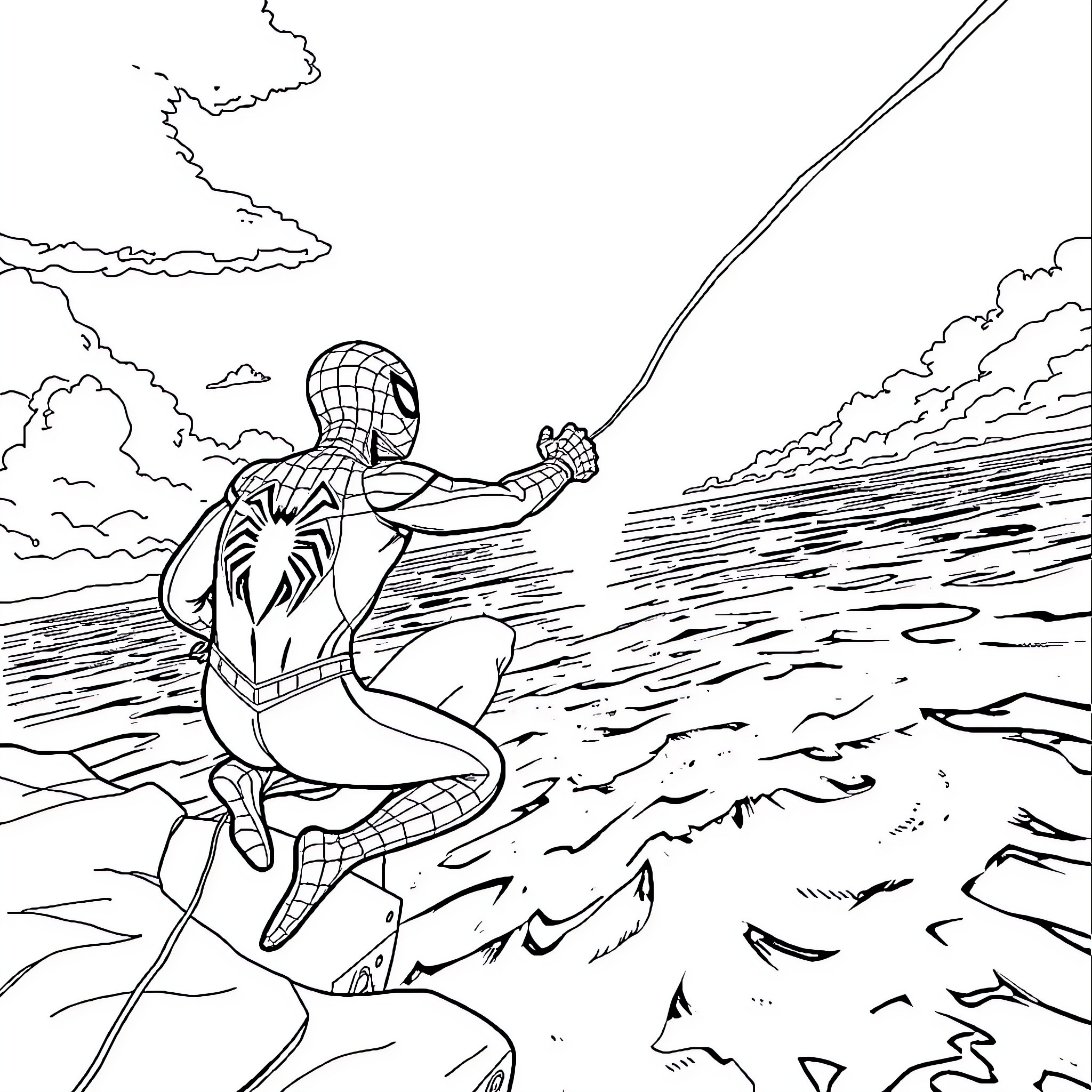 Spider-Man saving the day in dramatic scene Coloring Page (free black-and-white line drawing printable PDF for all, from beginners to advanced learners, including children, teens, adults, and seniors)