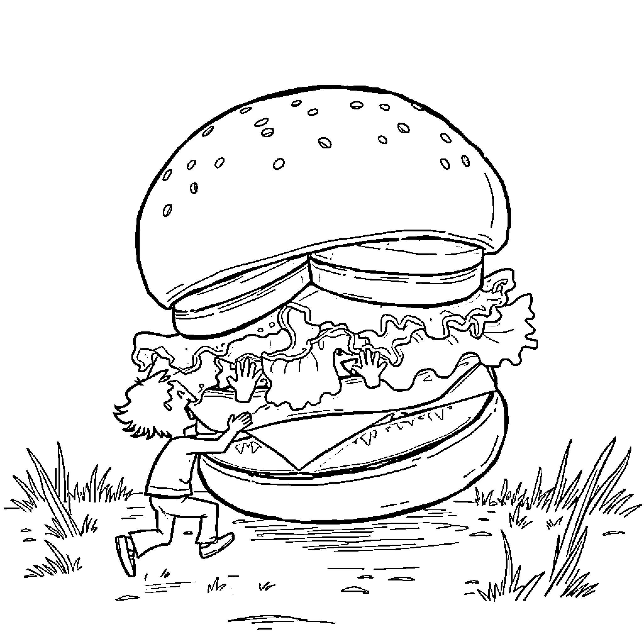 Burger character exploring nature scene Coloring Page (free black-and-white line drawing printable PDF for all, from beginners to advanced learners, including children, teens, adults, and seniors)