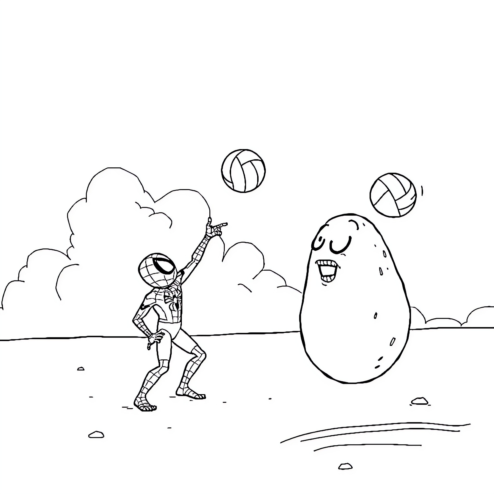 Potato astronaut playing volleyball with a smiling potato Coloring Page (free black-and-white line drawing printable PDF for all, from beginners to advanced learners, including children, teens, adults, and seniors)
