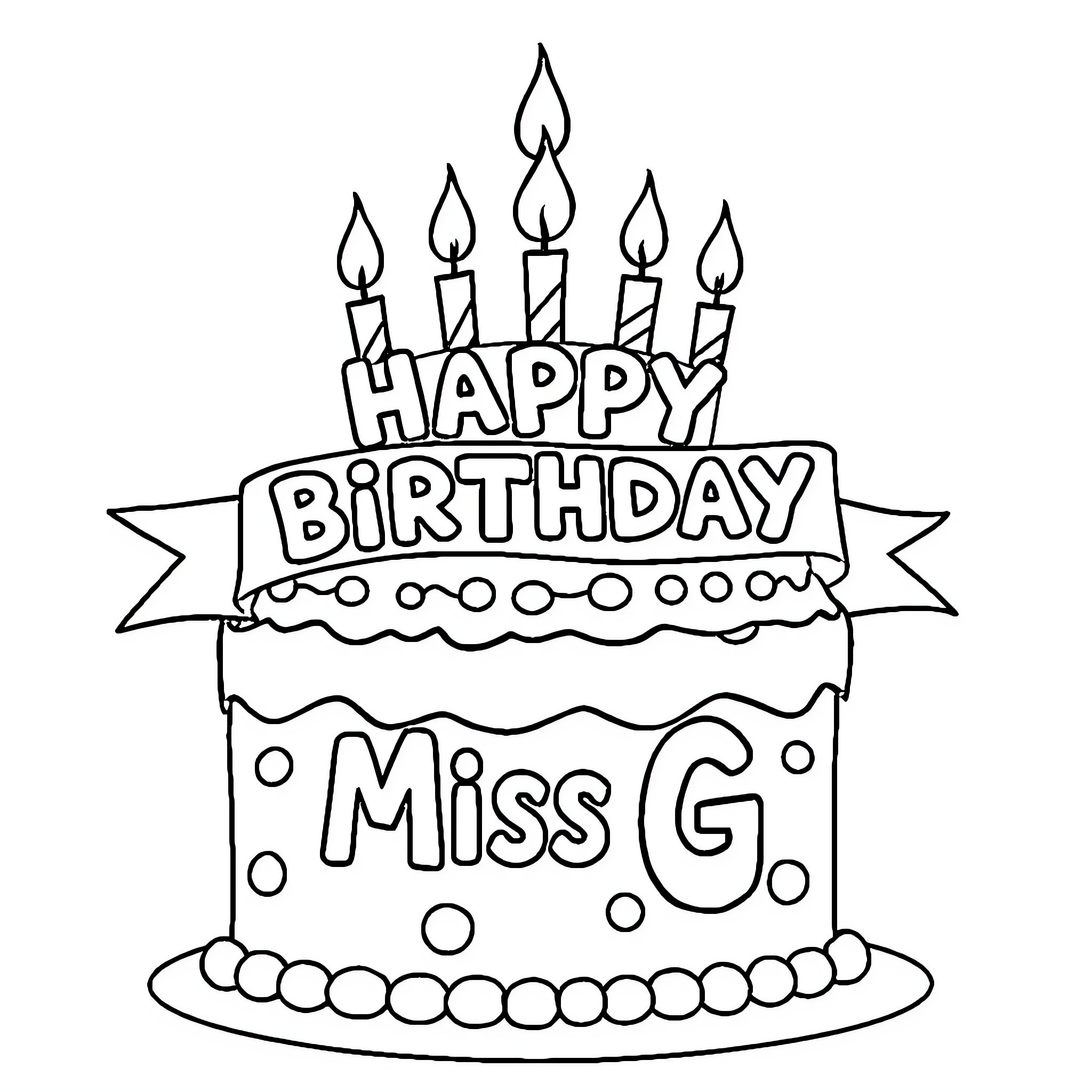 Birthday Cake with Candles and Message Coloring Page (free black-and-white line drawing printable PDF for all, from beginners to advanced learners, including children, teens, adults, and seniors)