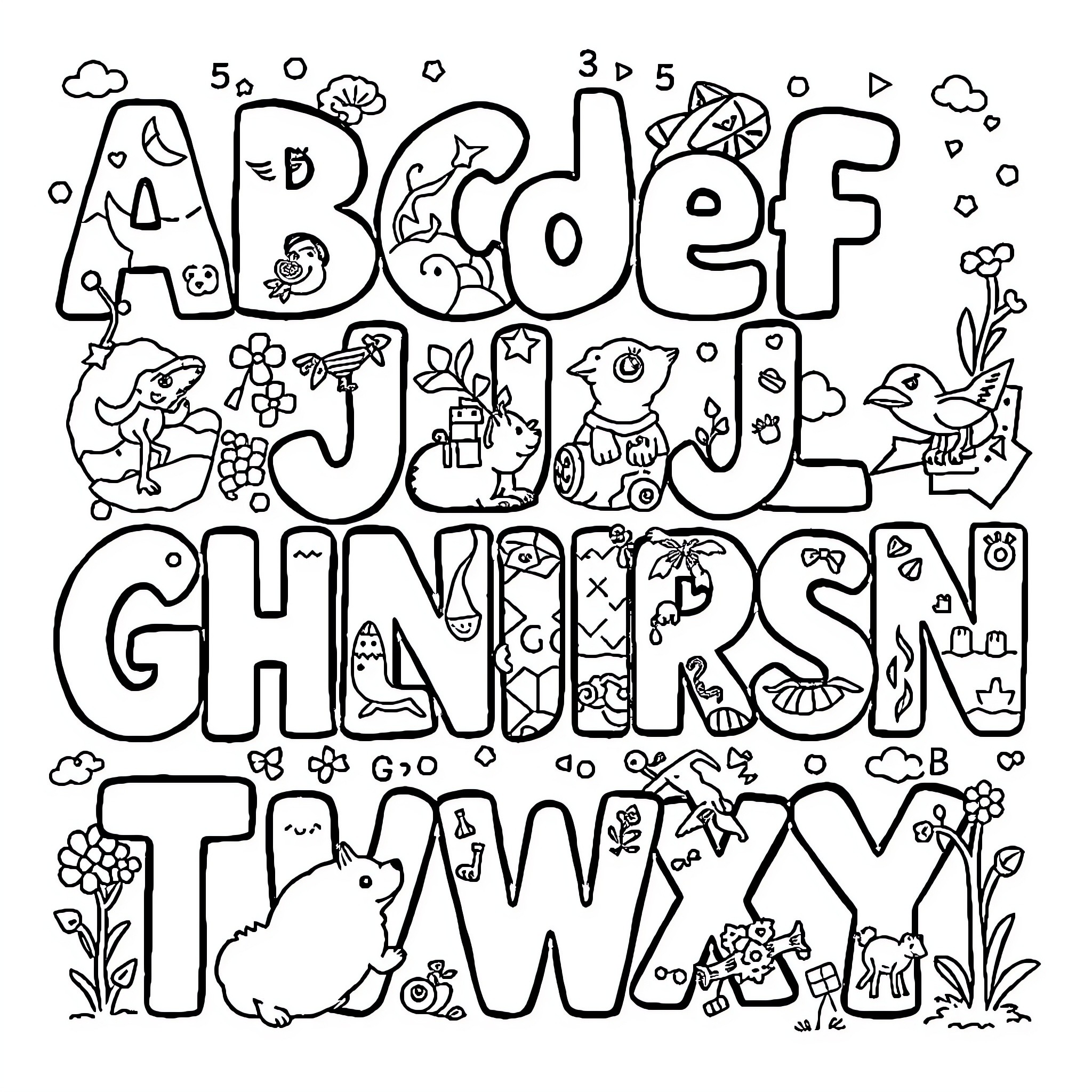 Abecedary of whimsical animals and nature Coloring Page (free black-and-white line drawing printable PDF for all, from beginners to advanced learners, including children, teens, adults, and seniors)